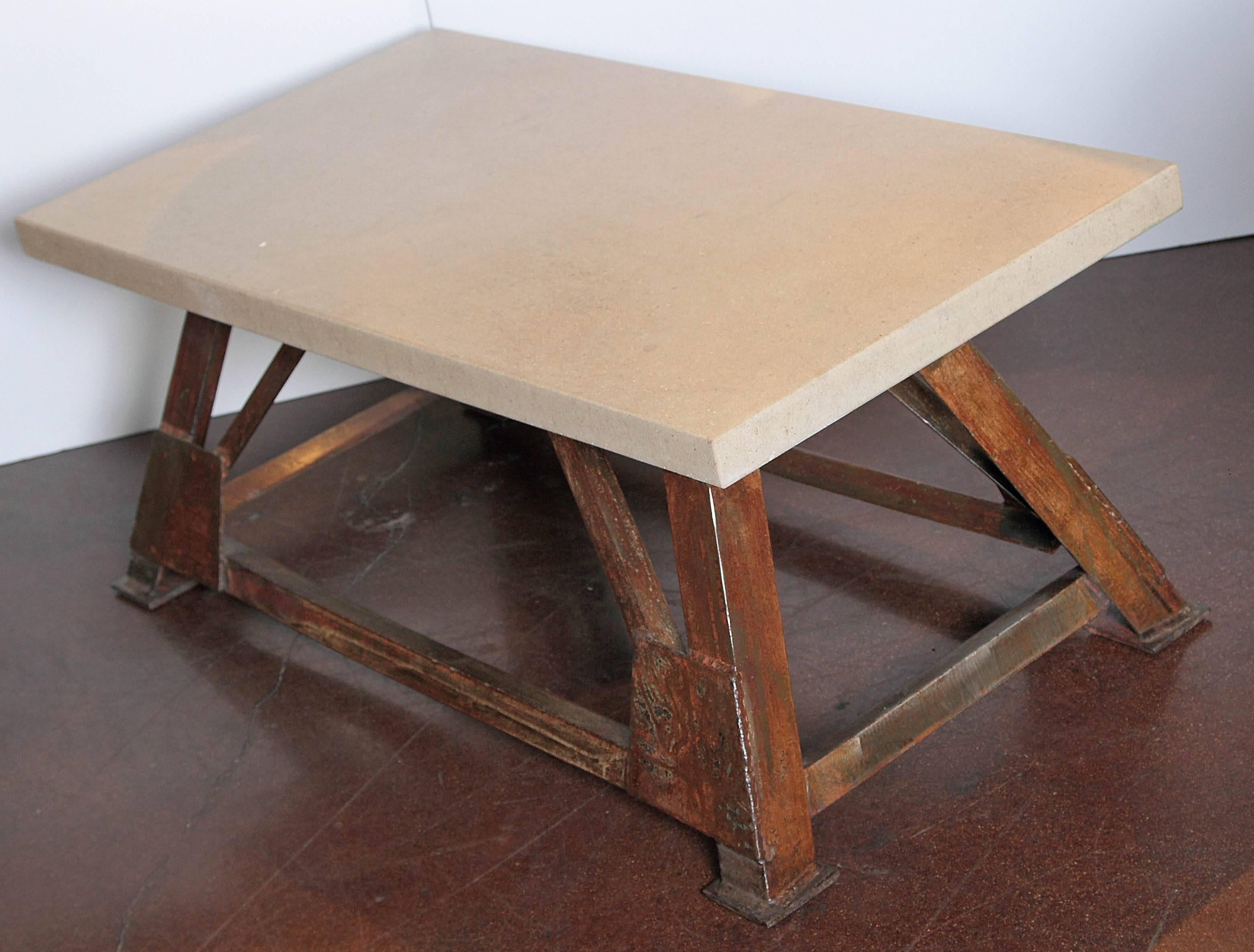 Modern Vintage French Steel Shop Base with Limestone Top as Coffee Table