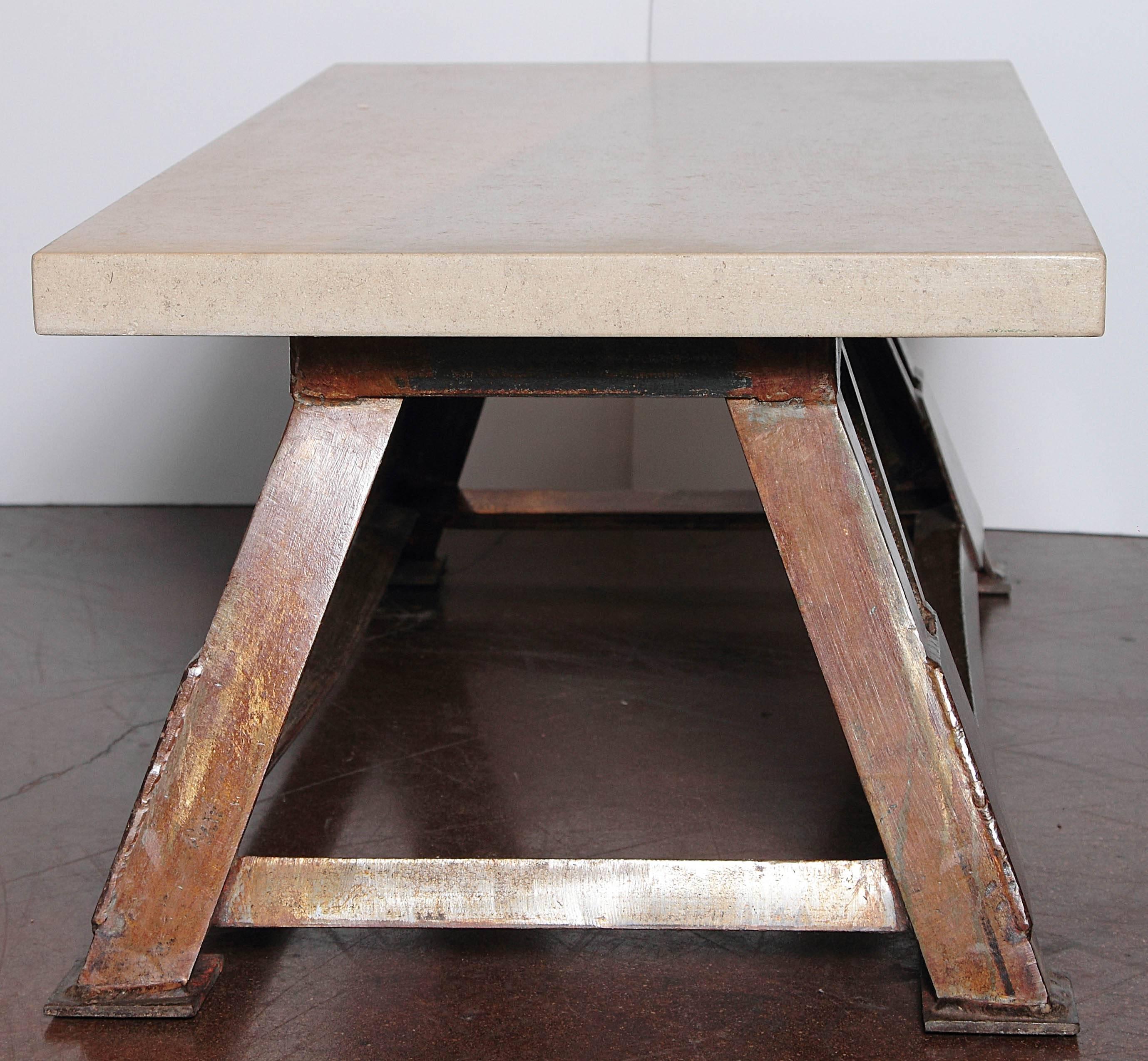 Vintage French Steel Shop Base with Limestone Top as Coffee Table In Excellent Condition In Dallas, TX