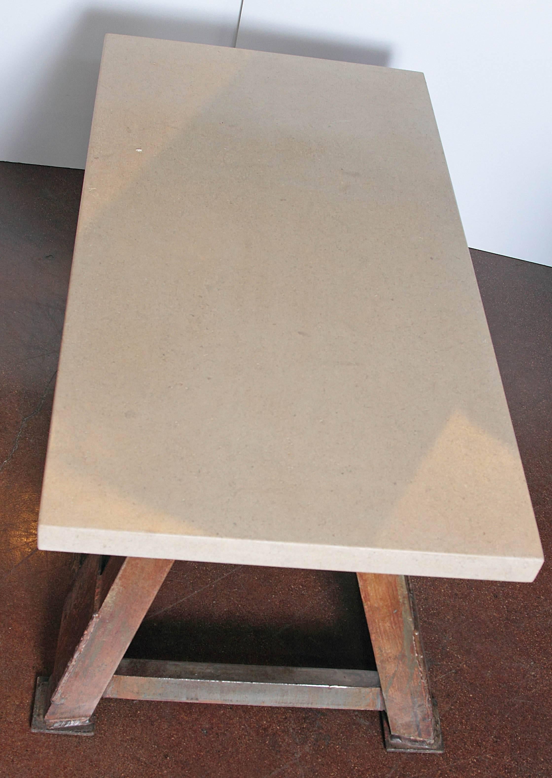 Vintage French Steel Shop Base with Limestone Top as Coffee Table 4