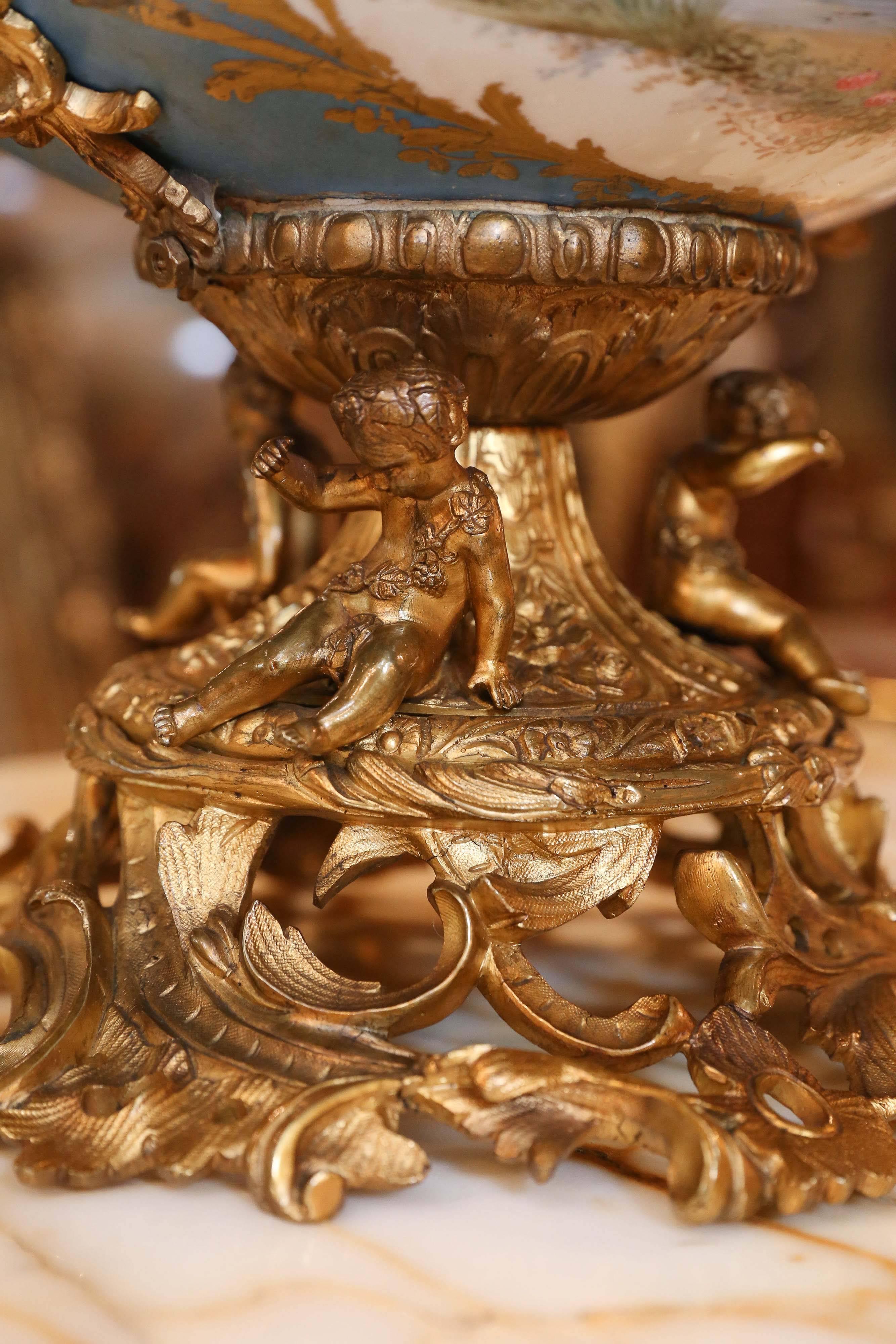 19th Century Large Sevres Style Centrepiece Bowl with Bronze Dore Mounts / Celeste Blue