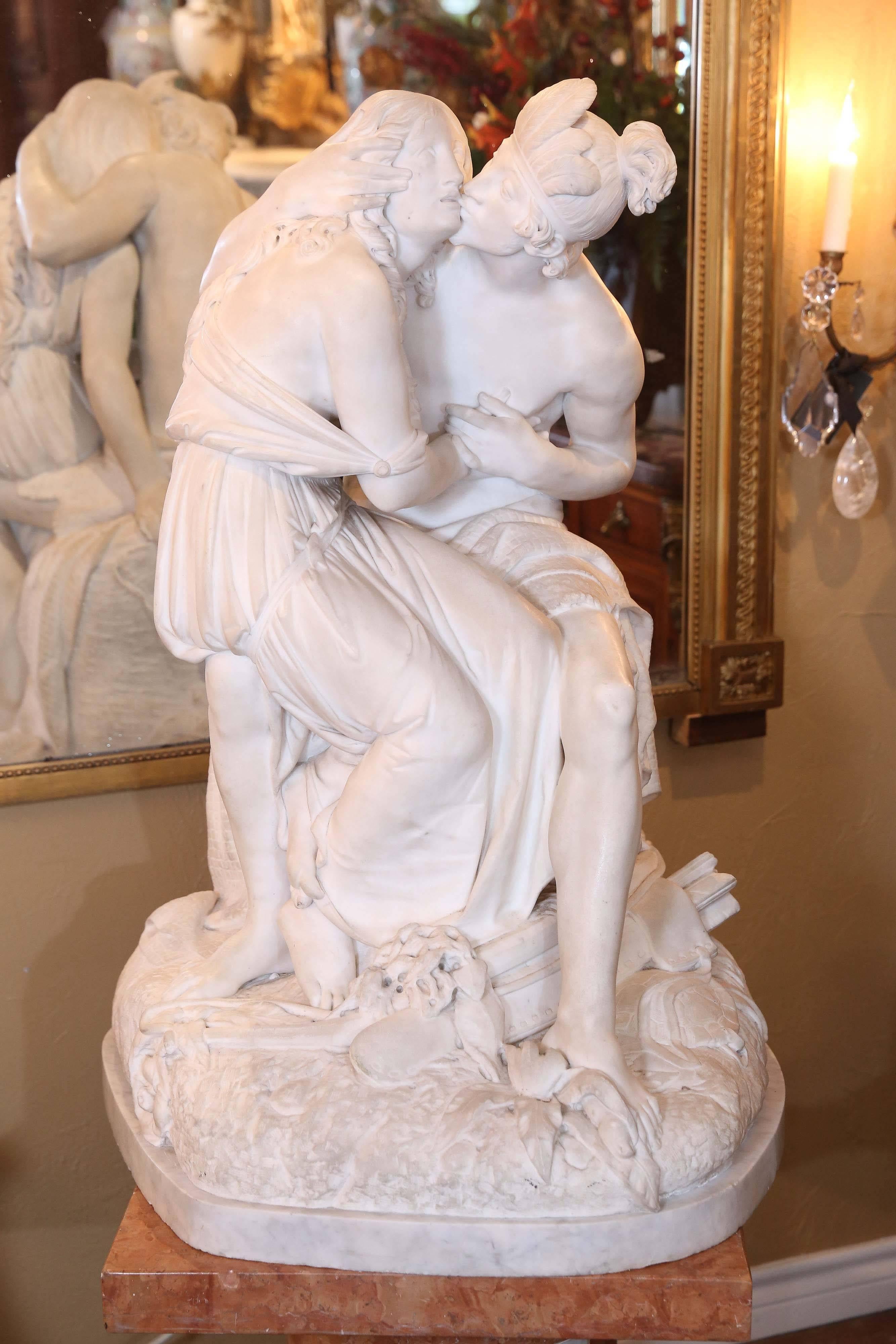 Attributed to Giovanni Turini a sculptor from Verona, Italy 1841-1899.
This sculpture is signed Turini 1867 / Italia .The figures are of two lovers.
Embracing and kissing. Turini was born in Verona Italy and later immigrated
to New York. He is