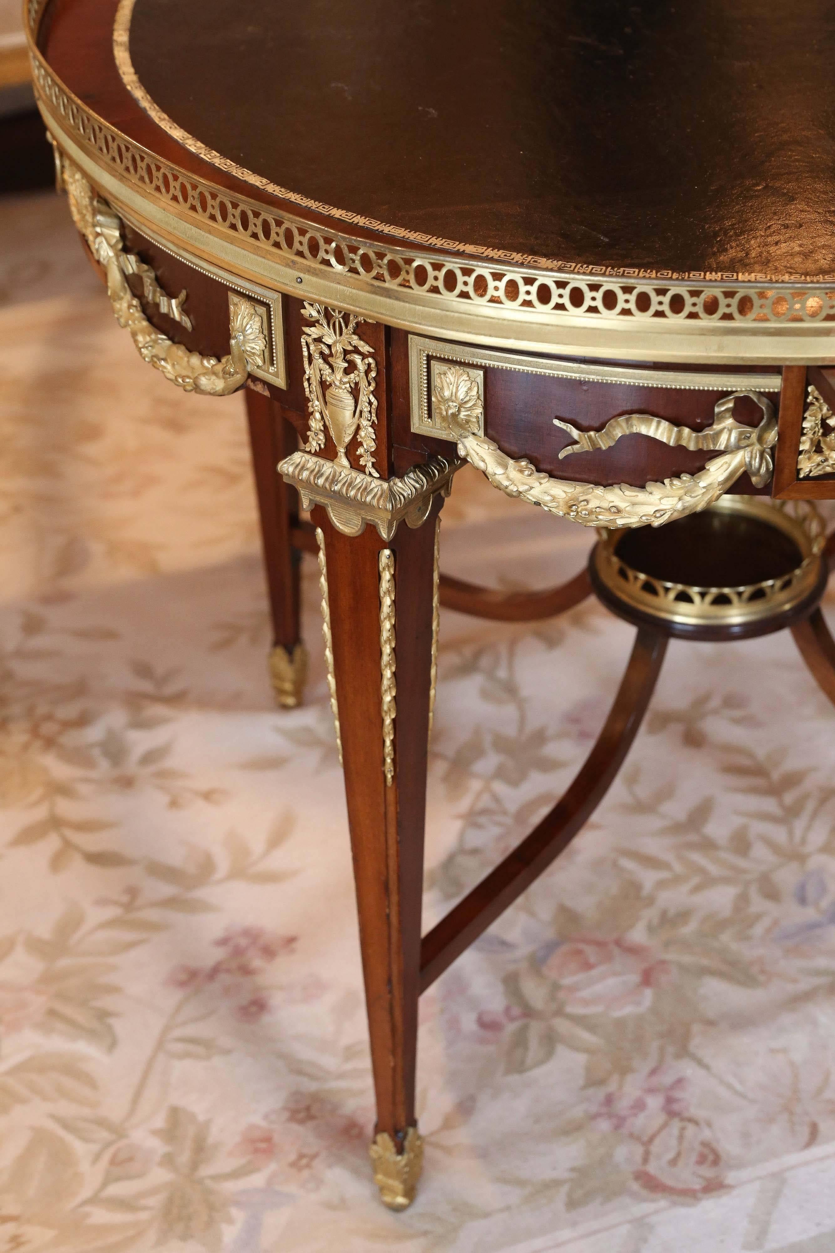 20th Century Louis XVI French Style Round Center Table with Leather Top / Bronze Doré Mounts