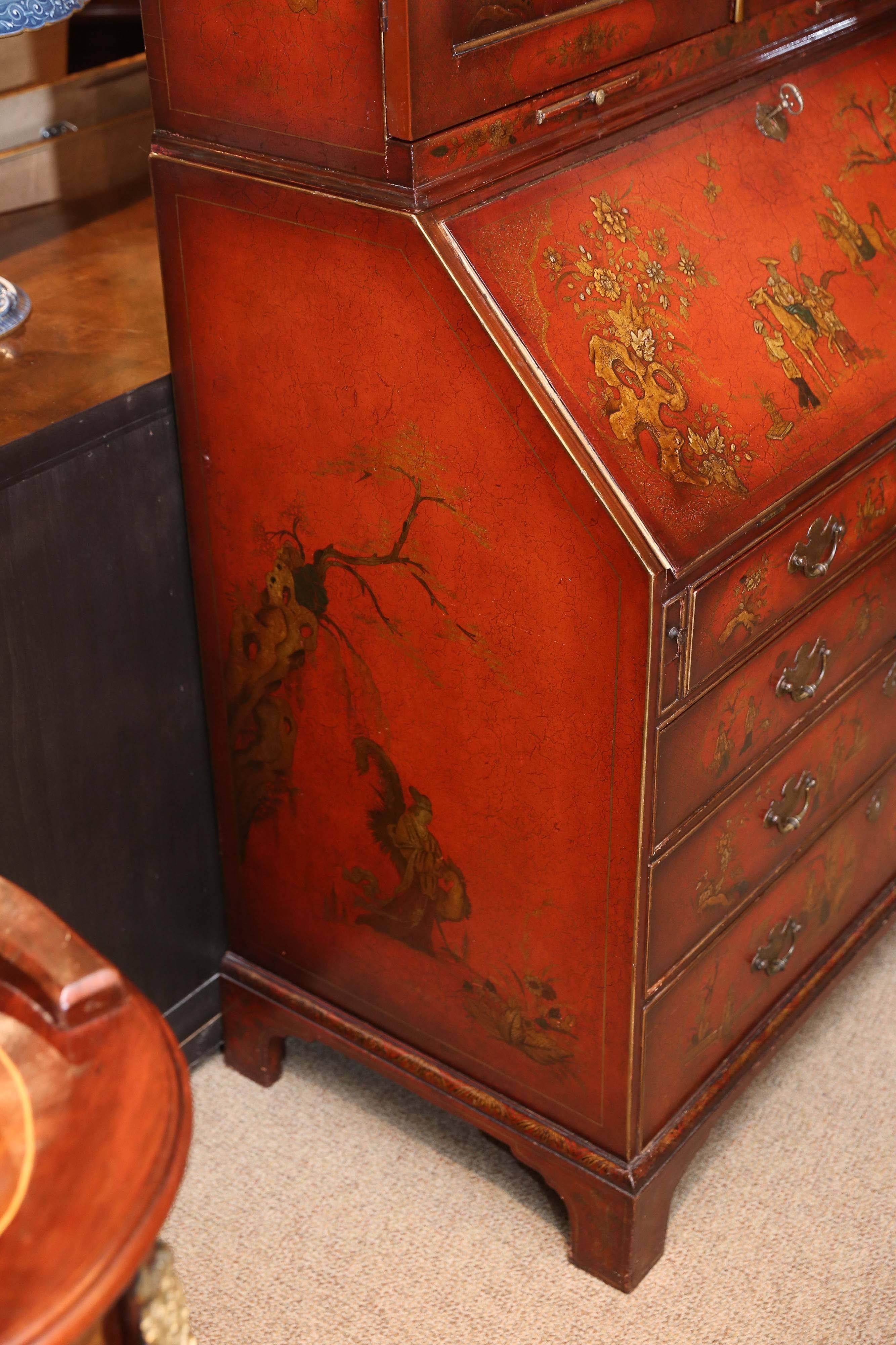 English Antique Red Lacquered Chinoiserie Slant Front Secretary in the Queen Anne Style