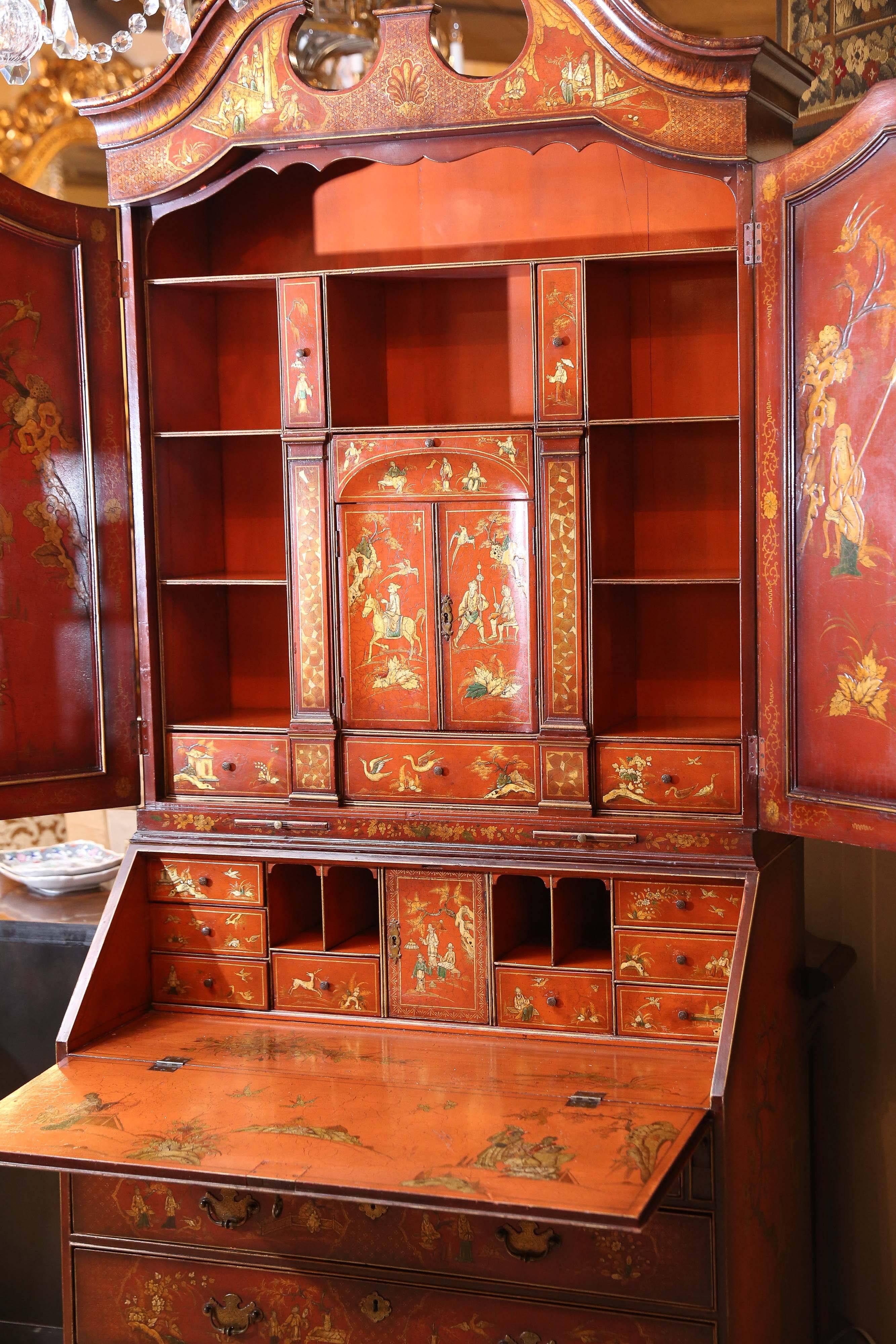Antique Red Lacquered Chinoiserie Slant Front Secretary in the Queen Anne Style In Excellent Condition In Houston, TX