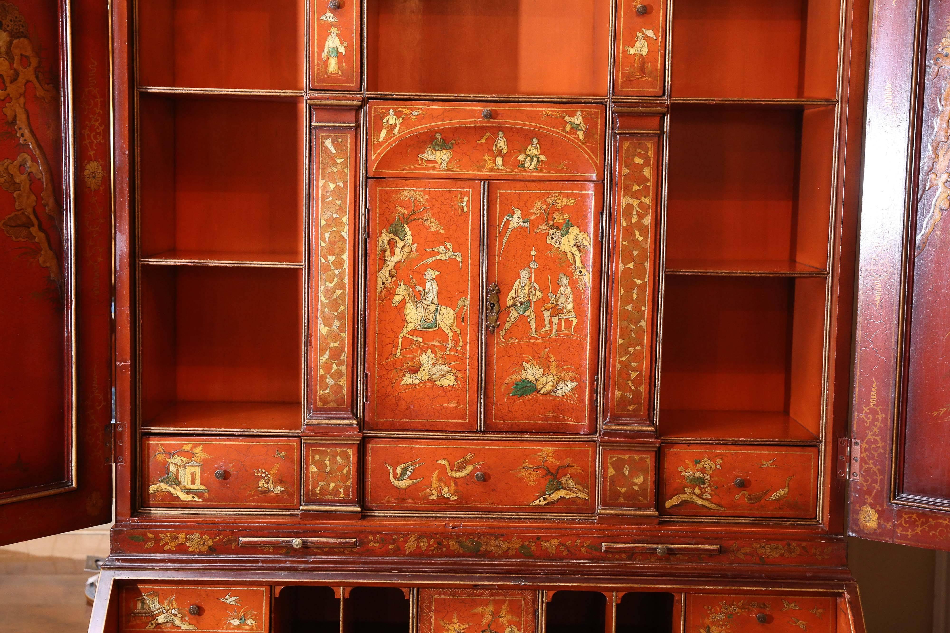 20th Century Antique Red Lacquered Chinoiserie Slant Front Secretary in the Queen Anne Style