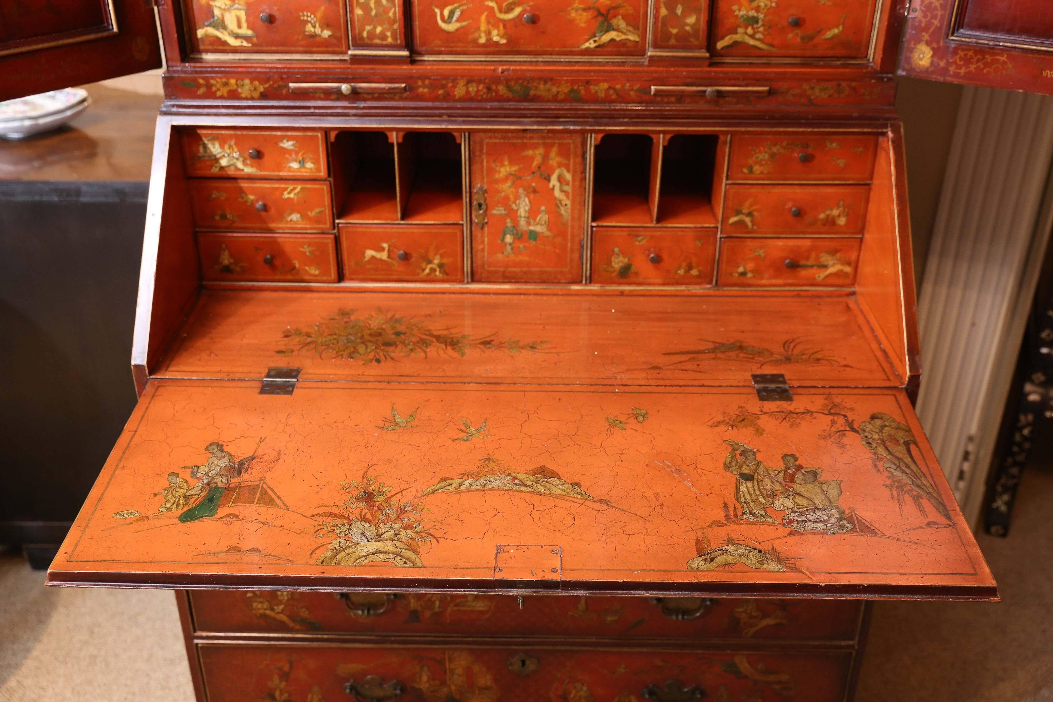 Wood Antique Red Lacquered Chinoiserie Slant Front Secretary in the Queen Anne Style