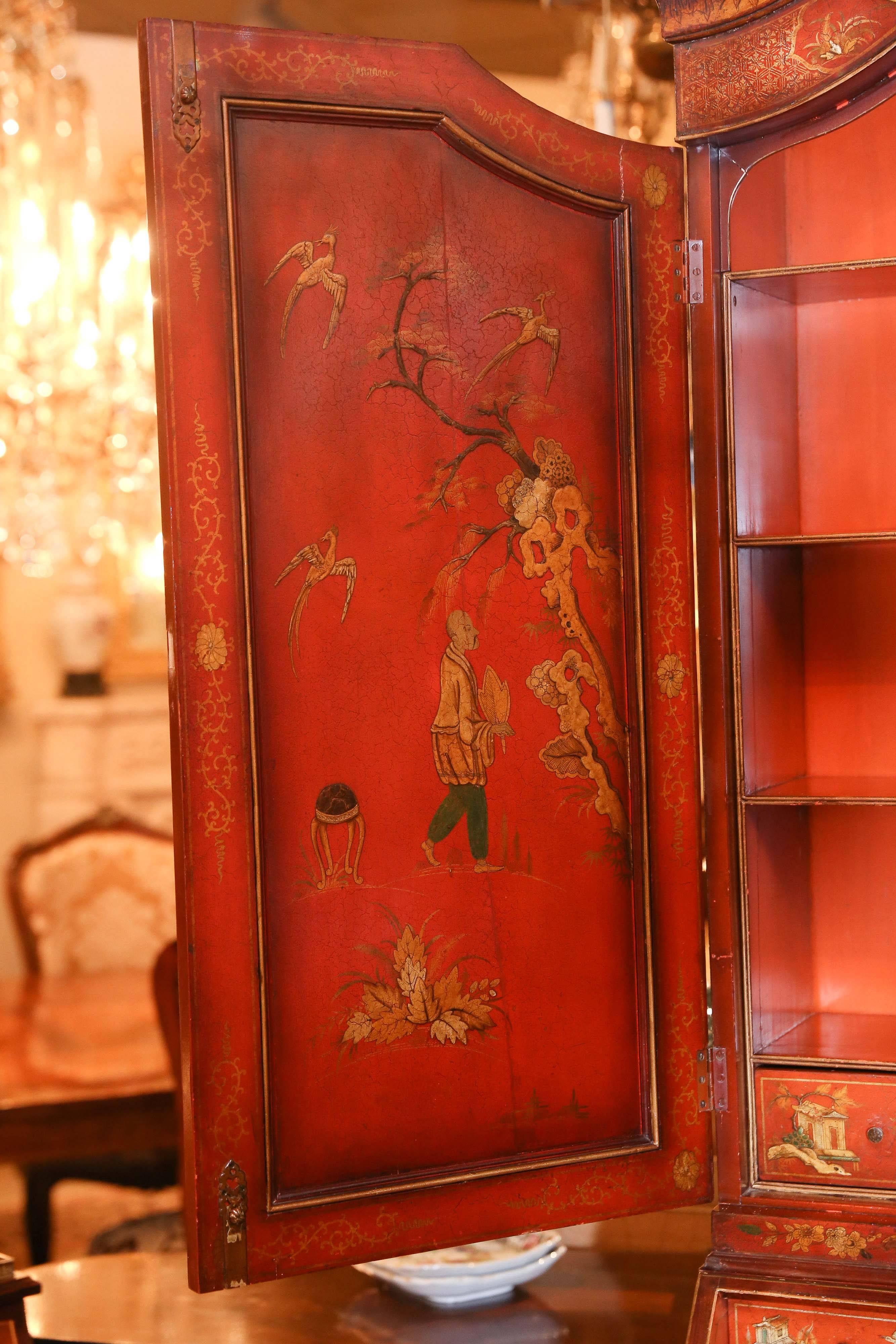 Antique Red Lacquered Chinoiserie Slant Front Secretary in the Queen Anne Style 1