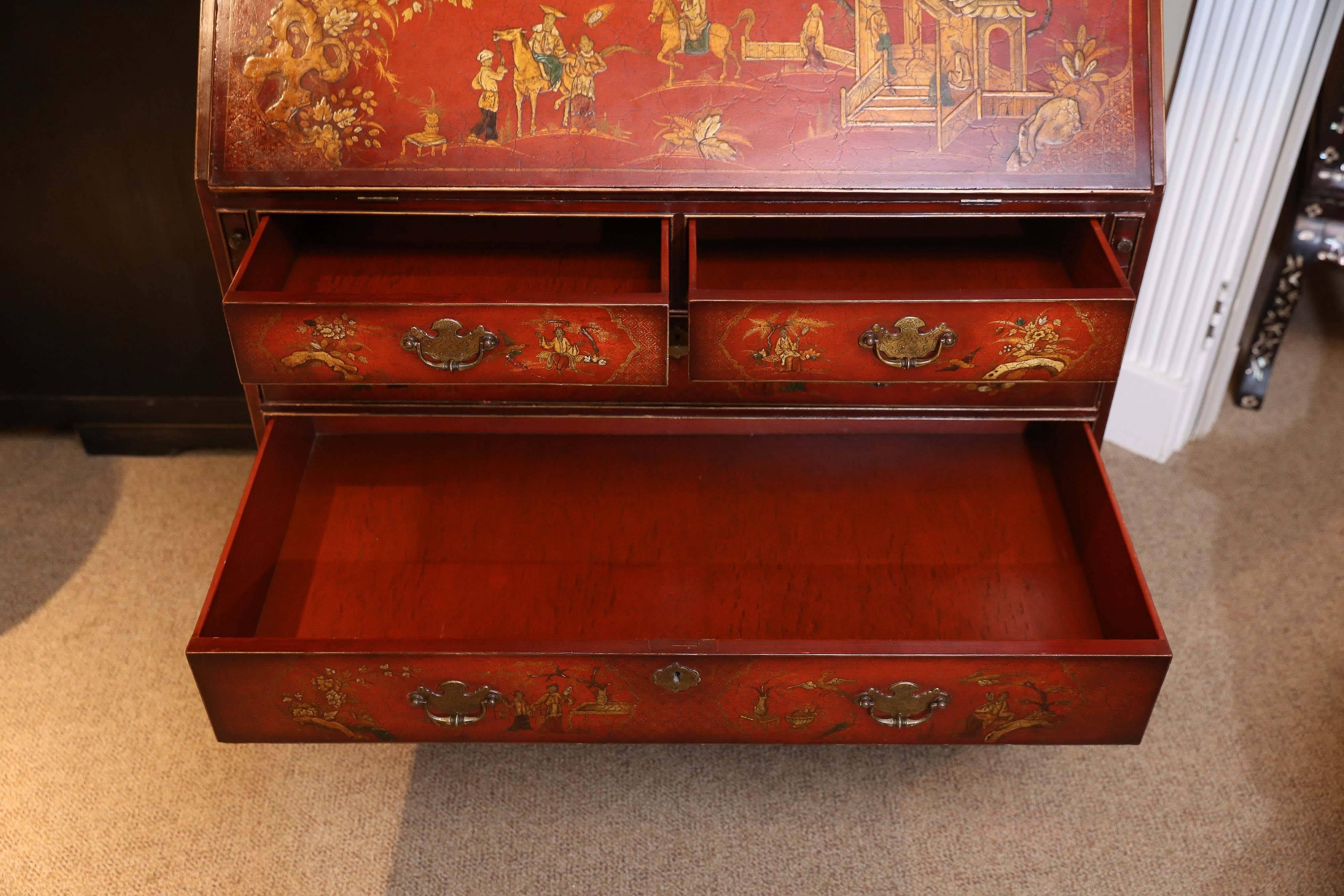 Antique Red Lacquered Chinoiserie Slant Front Secretary in the Queen Anne Style 3