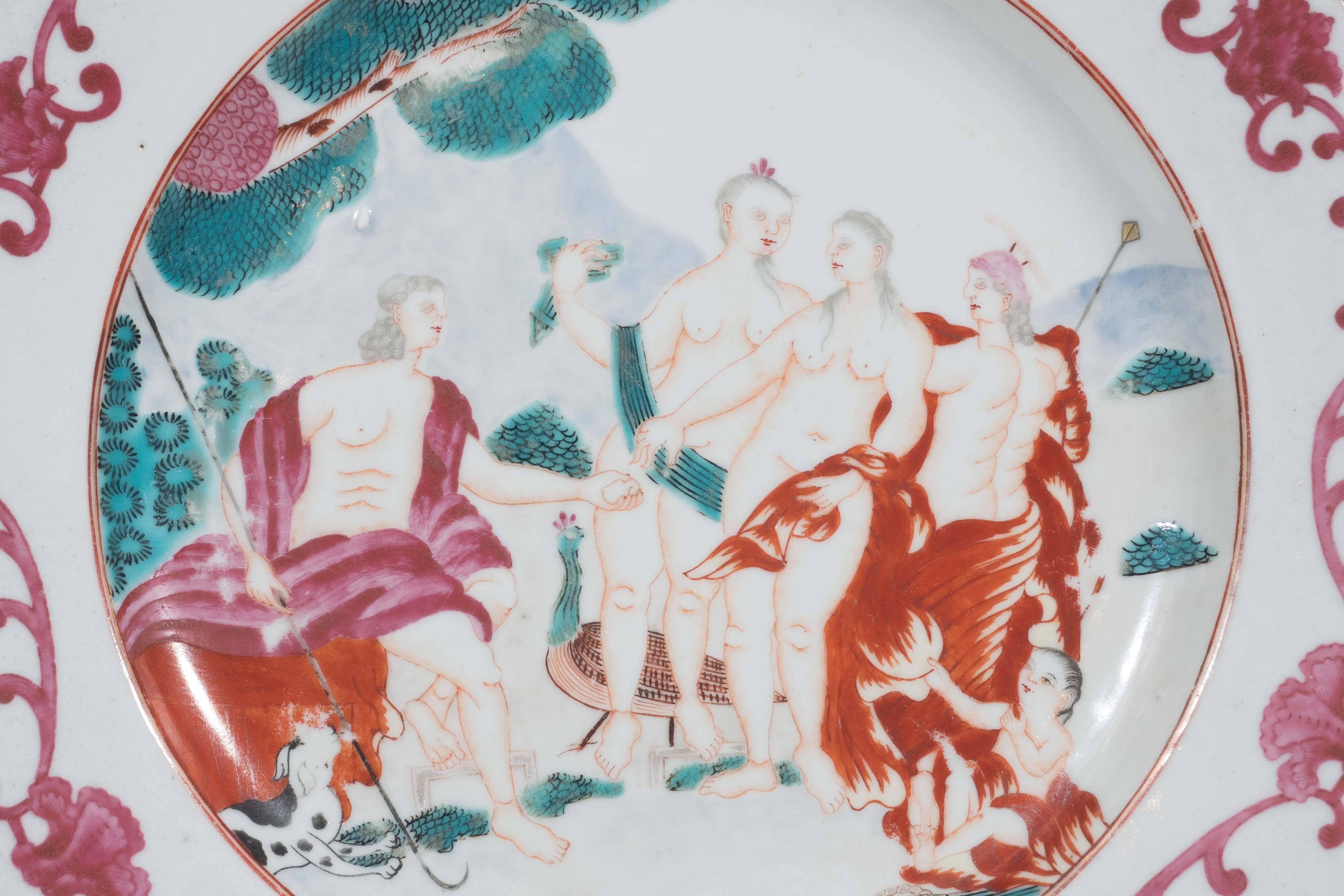 A rare Chinese Export plate showing the Judgement of Paris. The delicately painted figures derive from a painting by Jean Paul Rubens.
The plate was made during the Qianlong Reign, circa 1750. The scene shows Rubens' version of idealized feminine