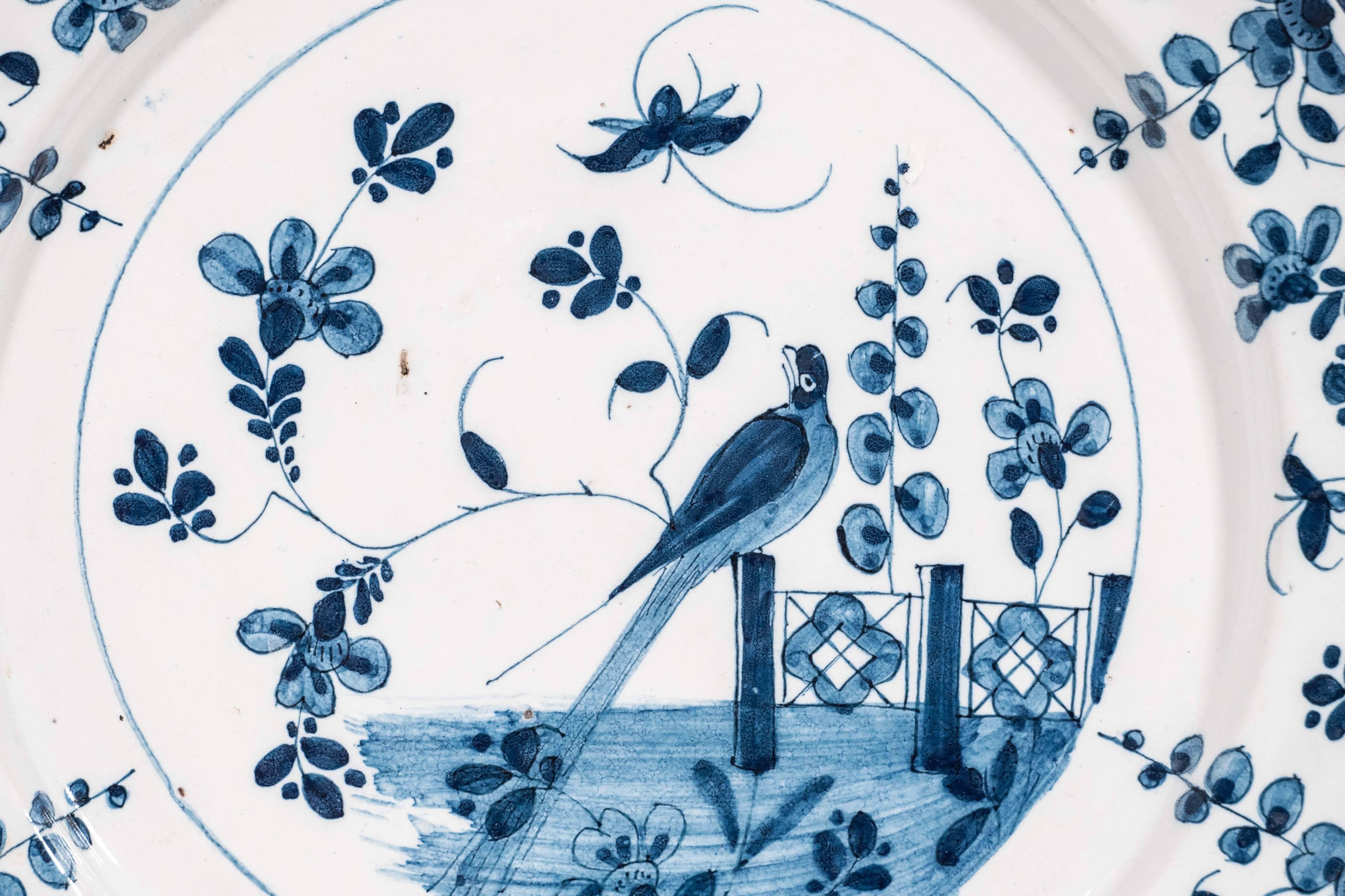 Chinoiserie Blue and White Delft Charger Decorated with a Bird in a Garden