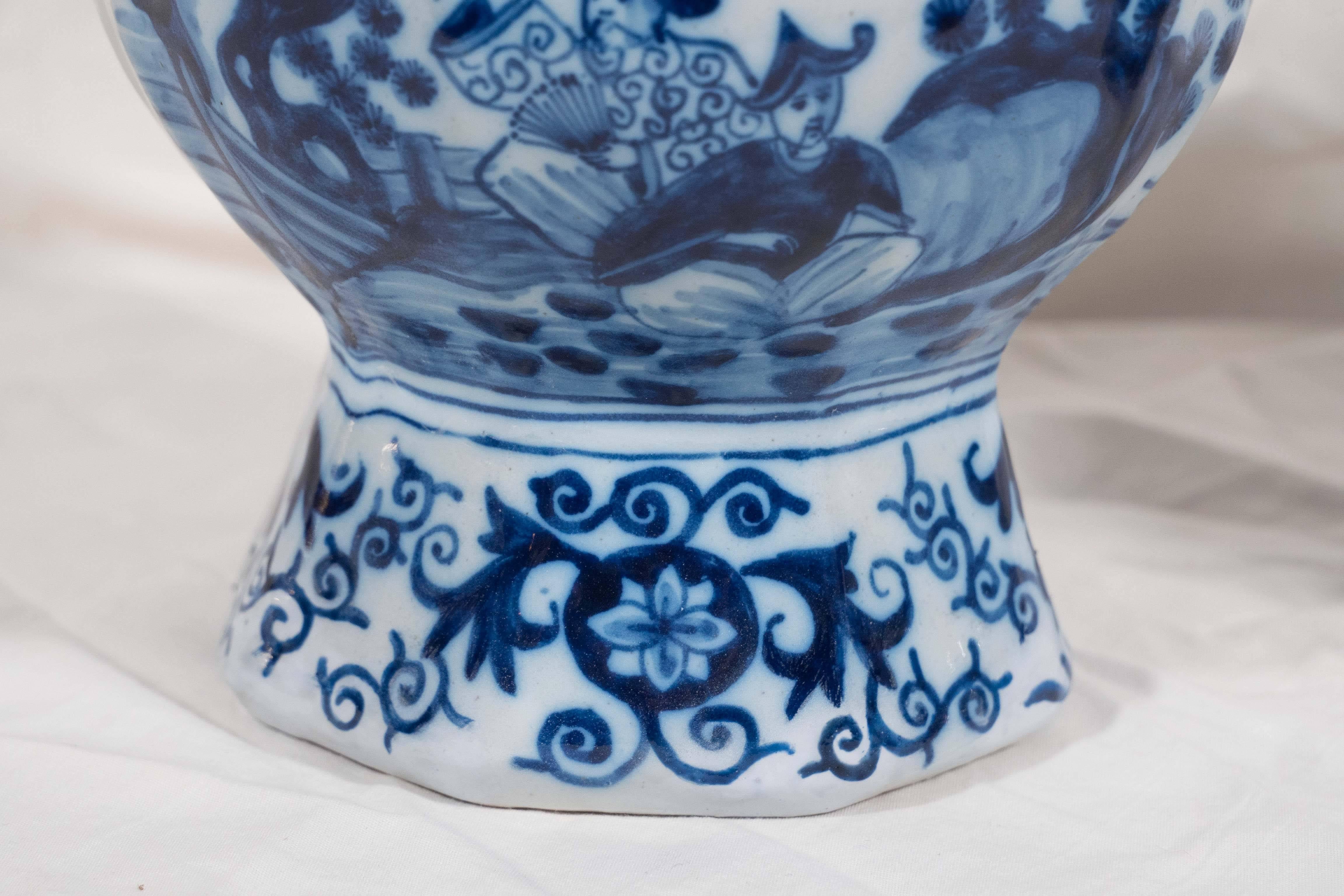 19th Century Pair of Blue and White Delft Vases with Chinoiserie Decoration