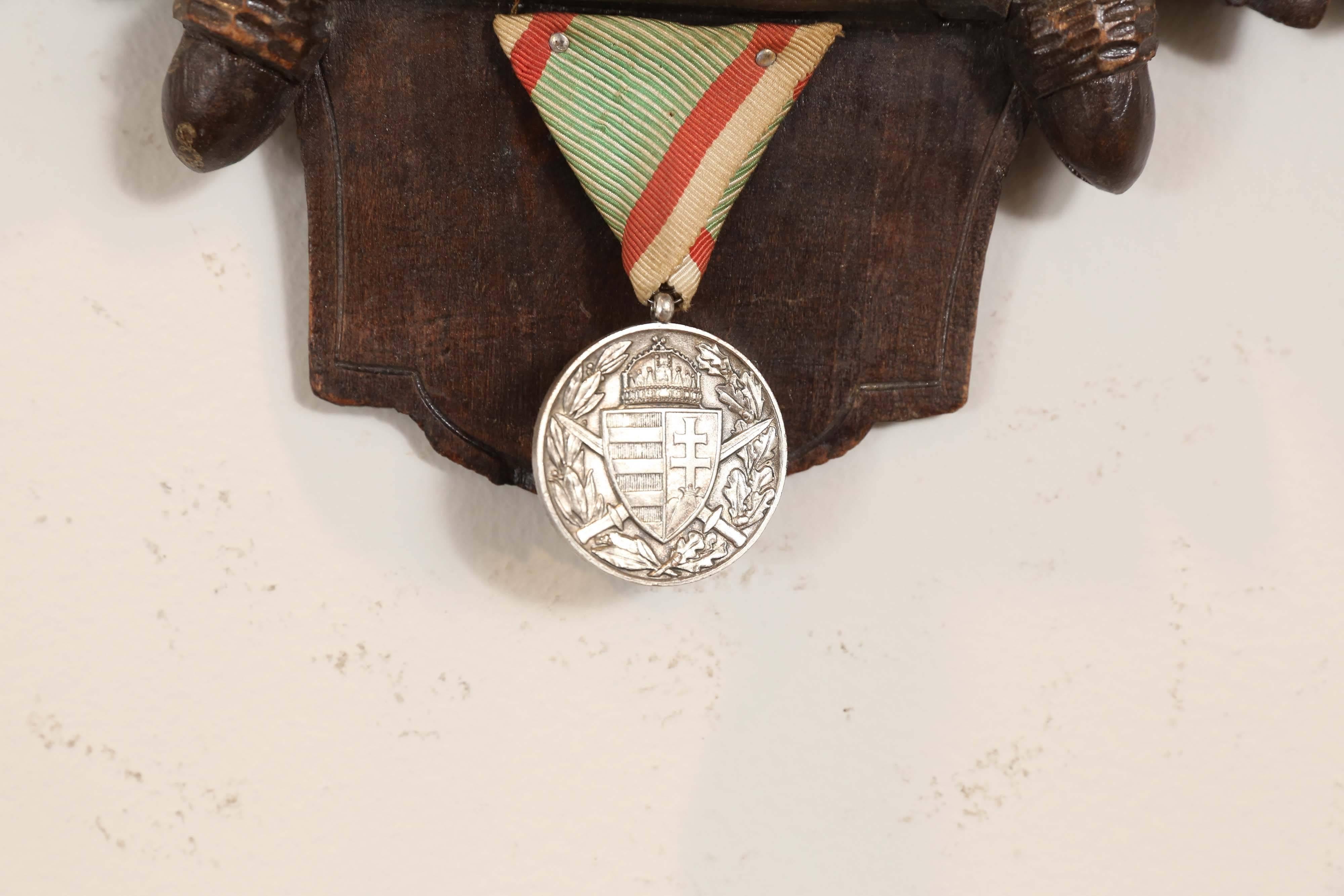 Austrian Habsburg Fallow Deer Trophy on Black Forest Plaque with Veteran's Medal