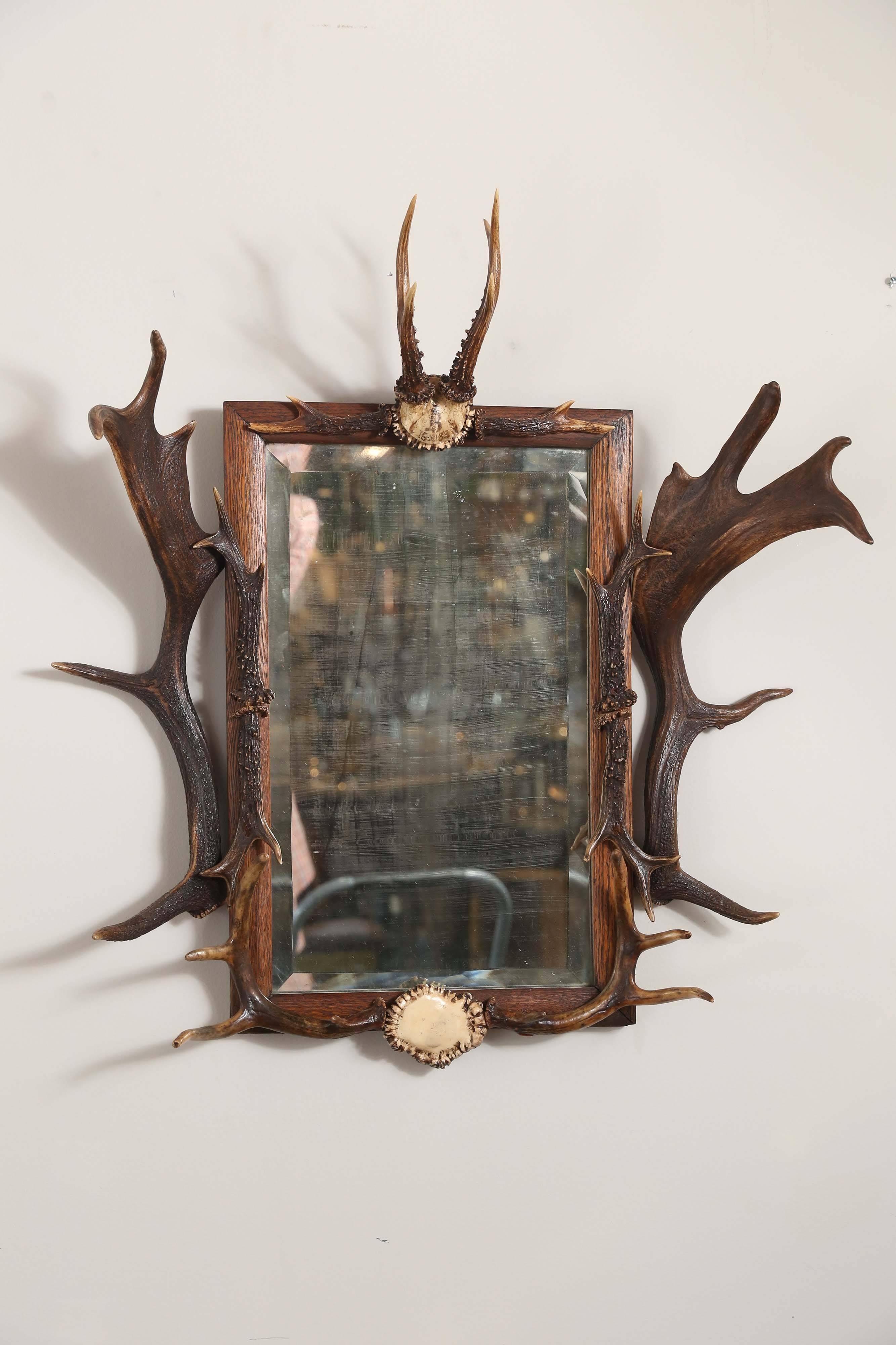 An original 19th century hunt mirror from Bodendorf Castle, Germany with original writing and antlers. Measures 30