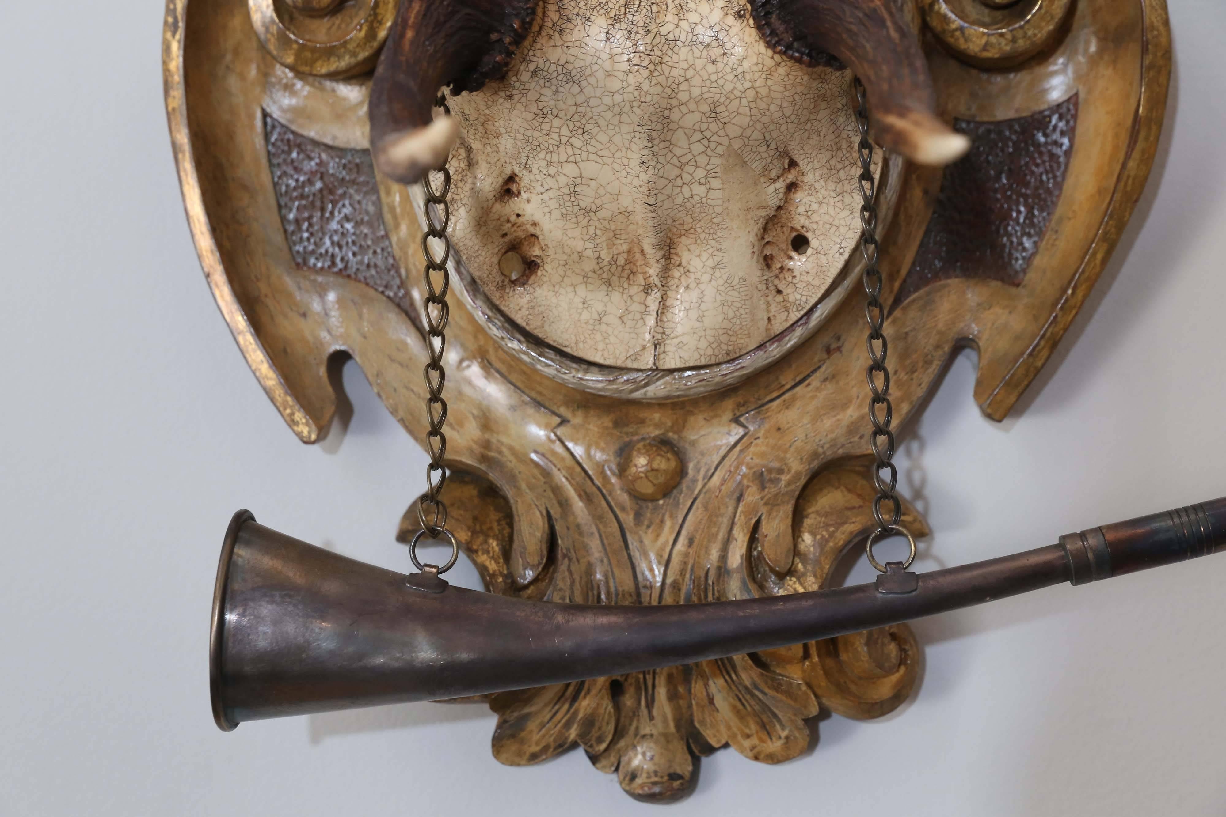 Rococo 19th Century Habsburg Gilt Hunt Trophy with Original Hunt Horn