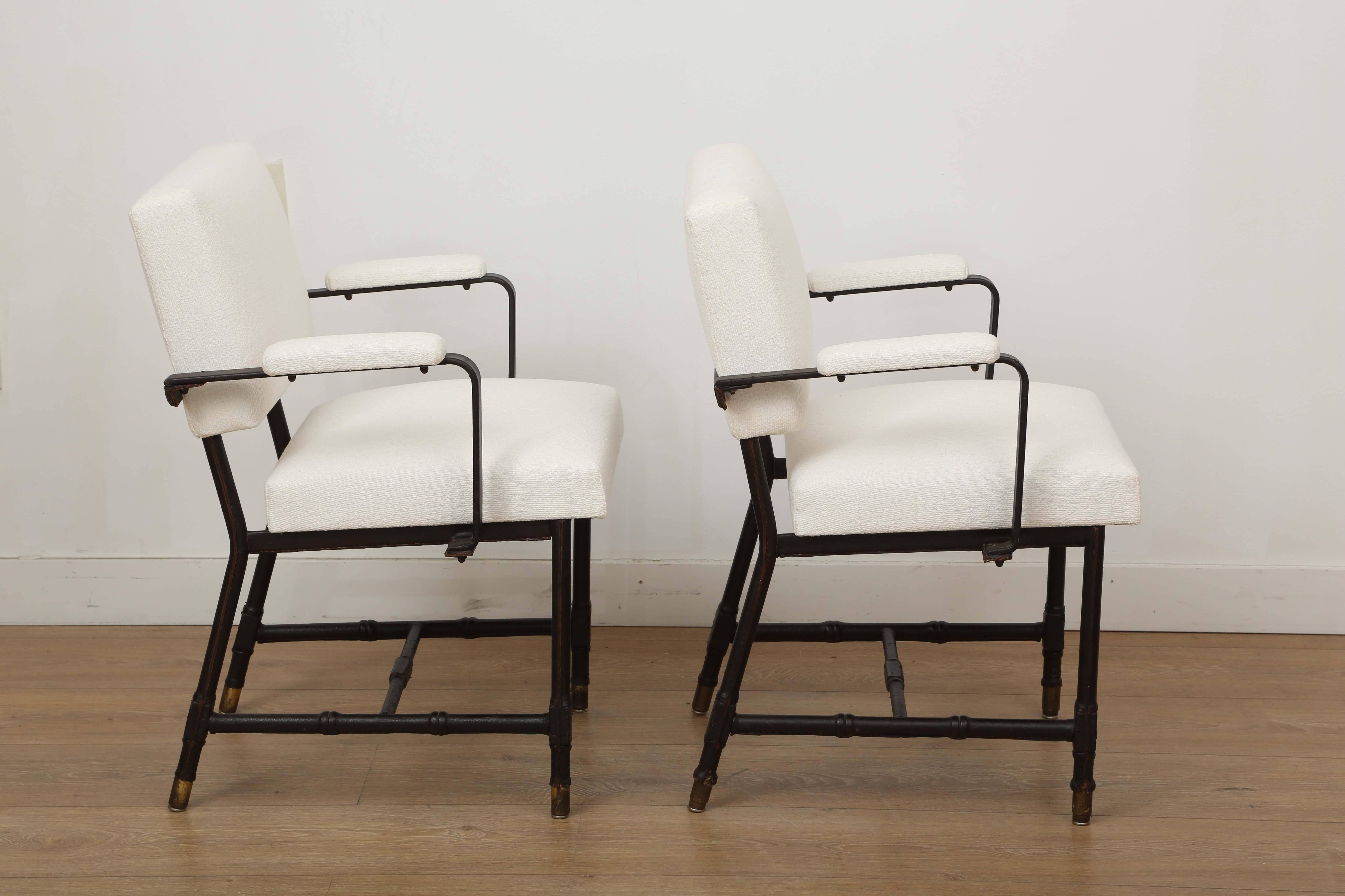 Mid-Century Modern Pair of Hand-Stitched Leather Armchairs by Jacques Adnet