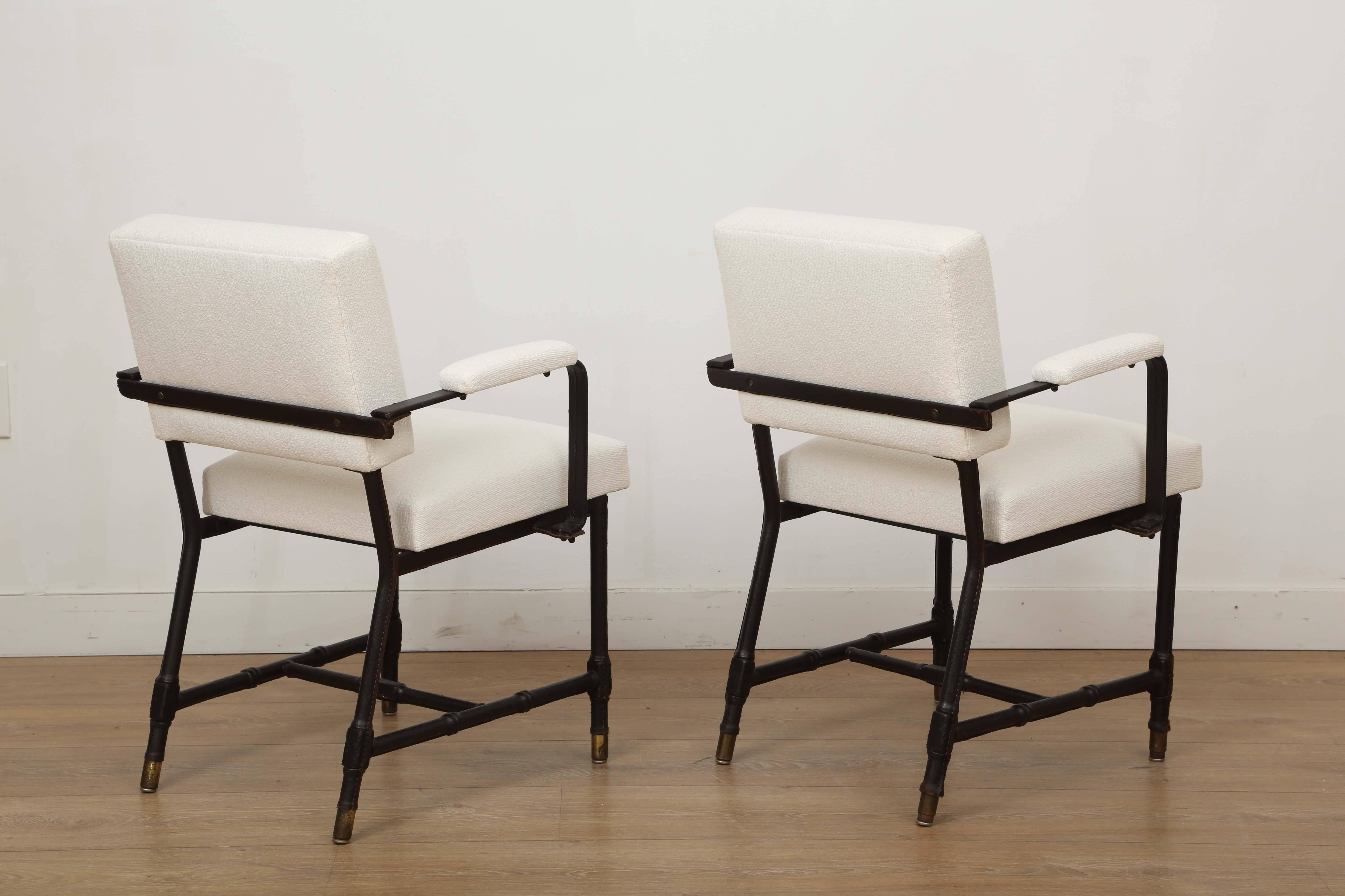 French Pair of Hand-Stitched Leather Armchairs by Jacques Adnet