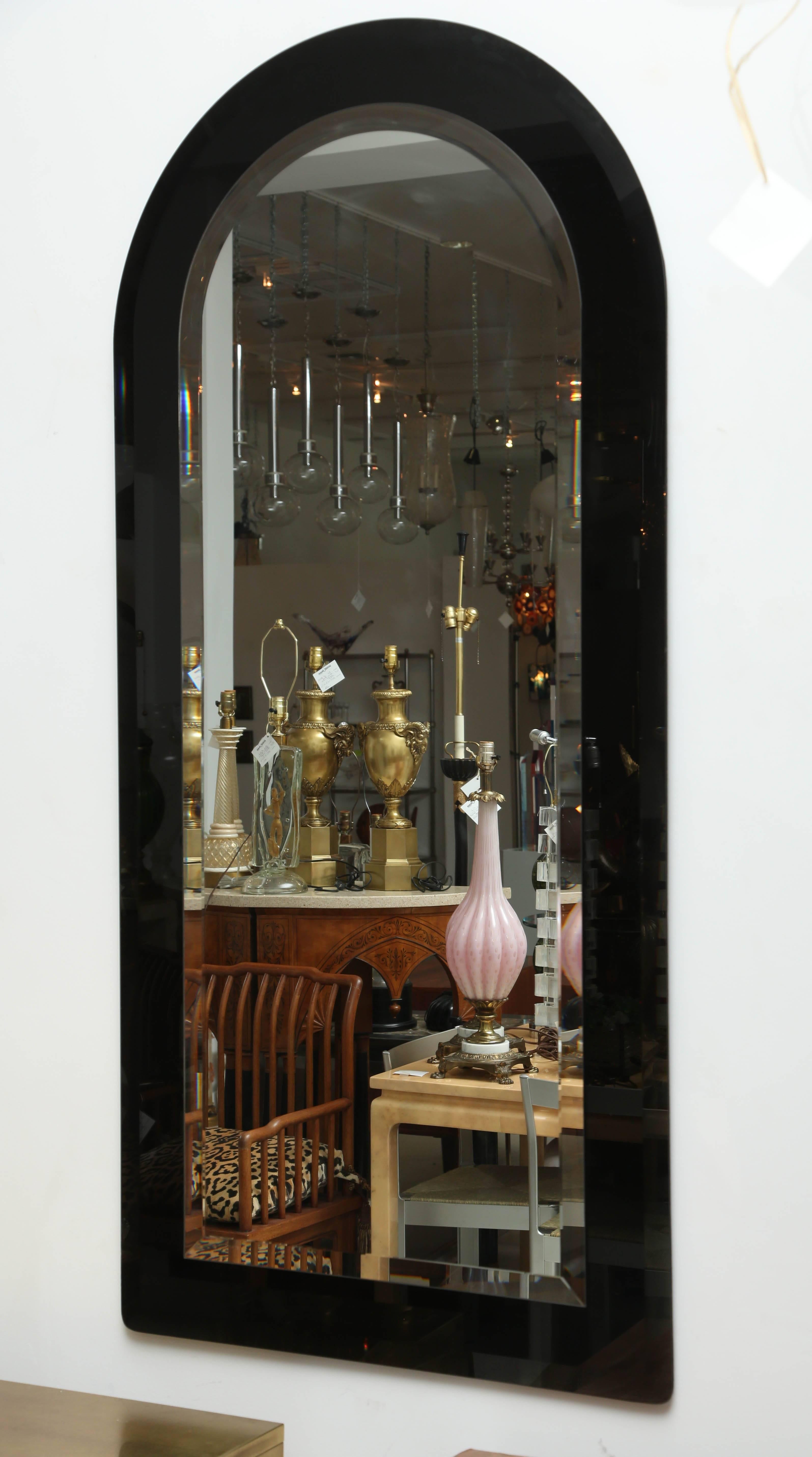 American Black Glass Karl Springer Style Mirror For Sale