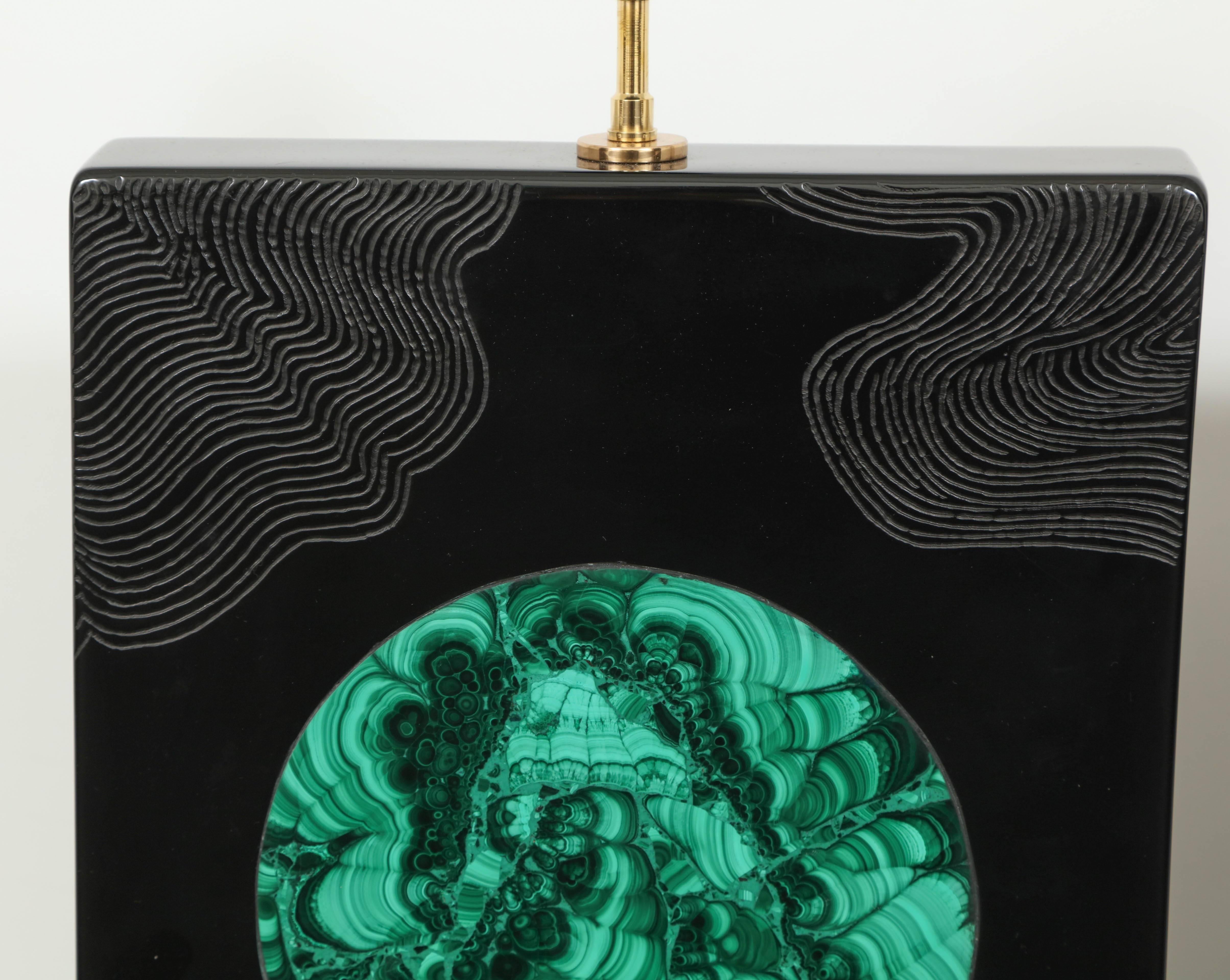 Belgian Pair of Lamps Black Resin and Malachite by Stan Usel For Sale