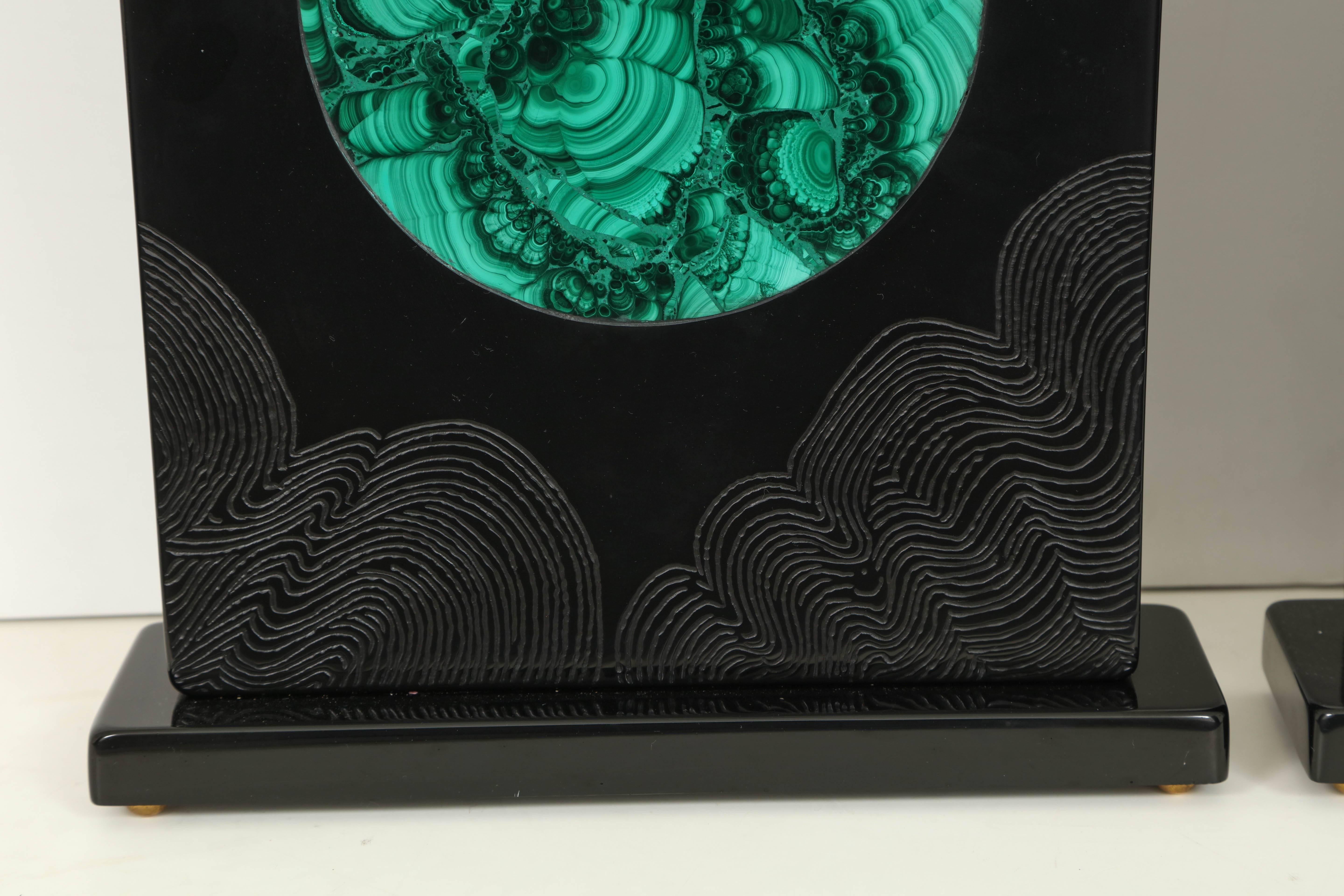 Inlay Pair of Lamps Black Resin and Malachite by Stan Usel For Sale