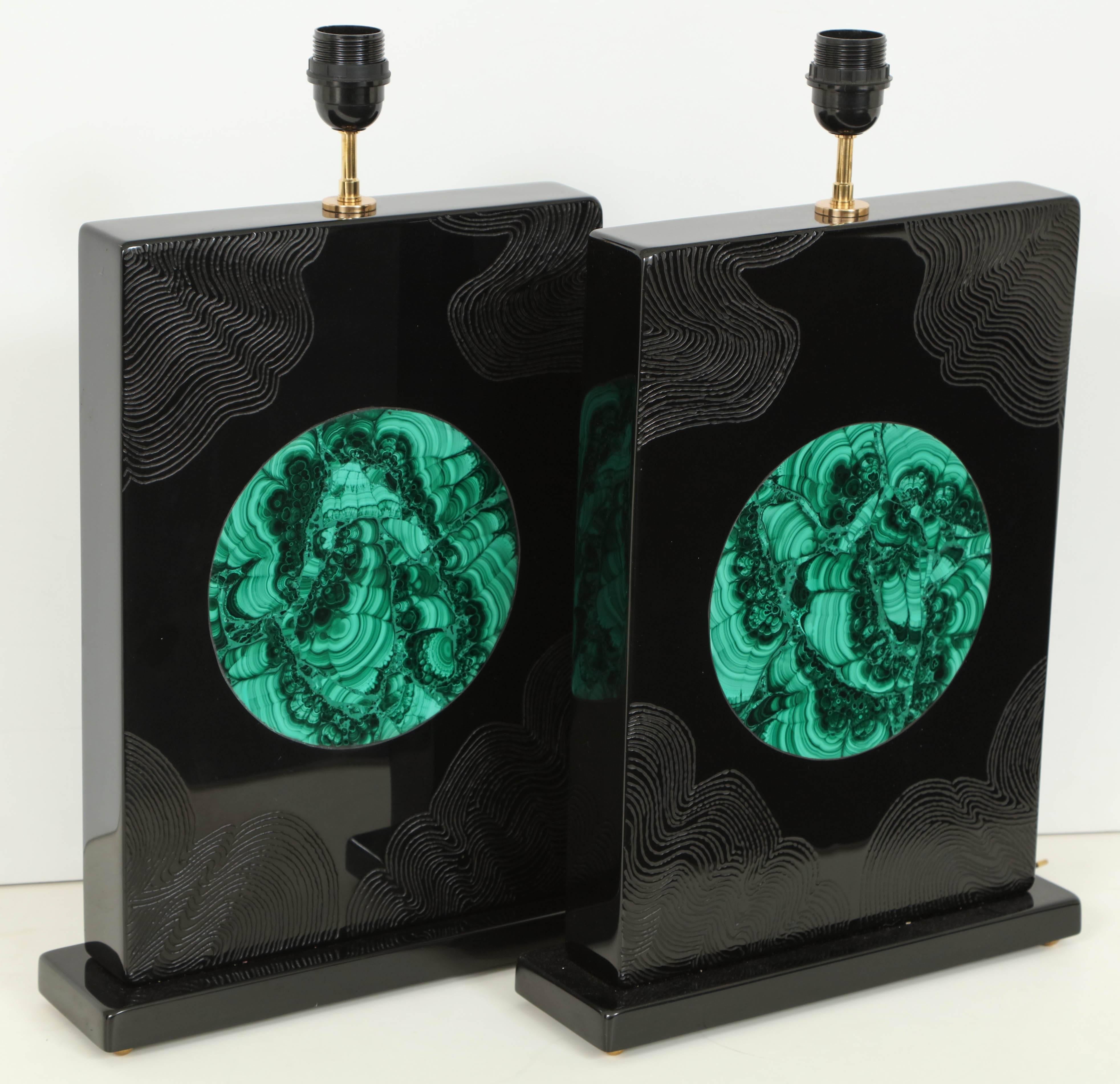 Pair of Lamps Black Resin and Malachite by Stan Usel In Excellent Condition For Sale In New York, NY