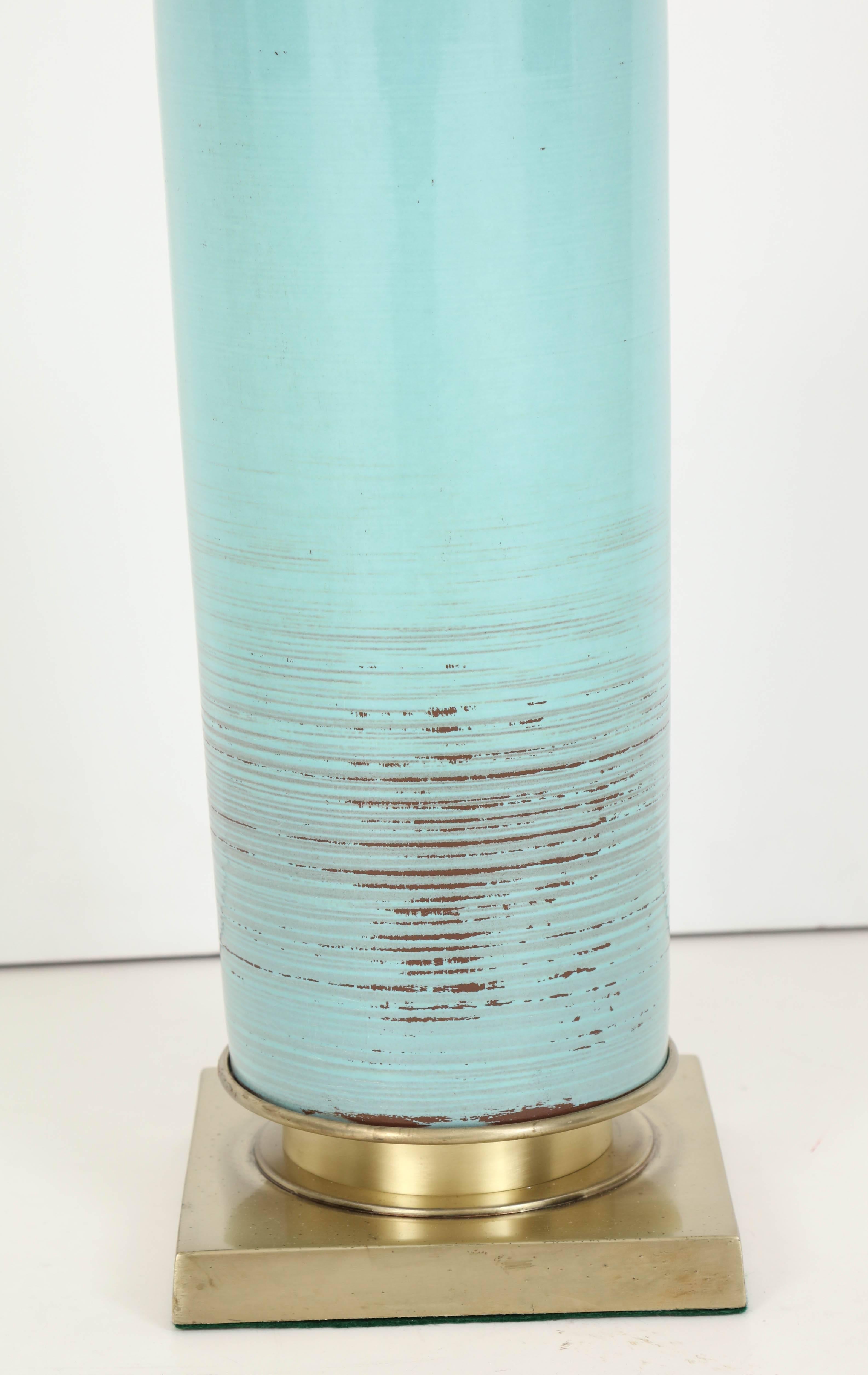 Mid-Century Modern Stiffel Turquoise Ceramic and Brass Table Lamps