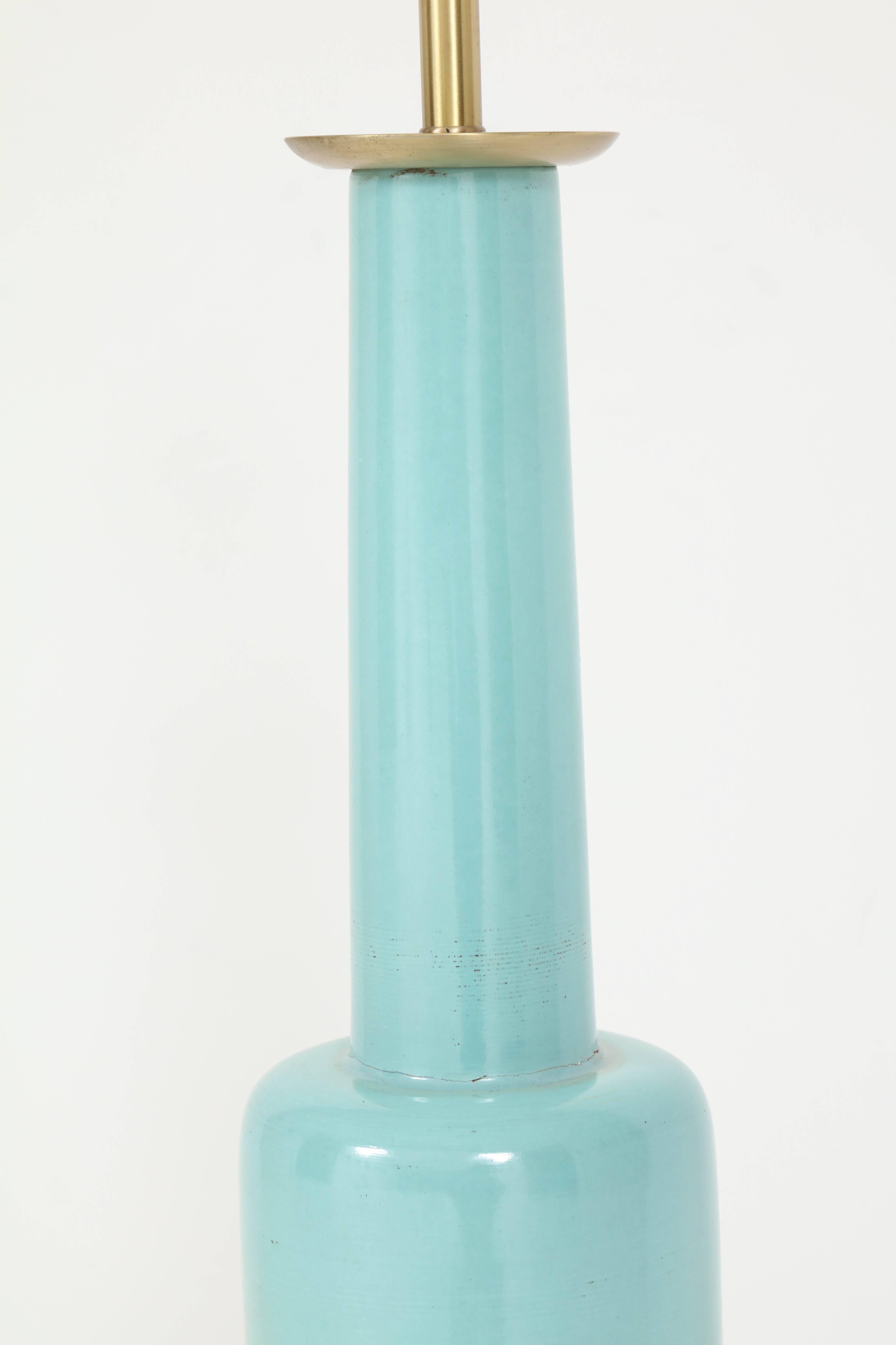 Brushed Stiffel Turquoise Ceramic and Brass Table Lamps