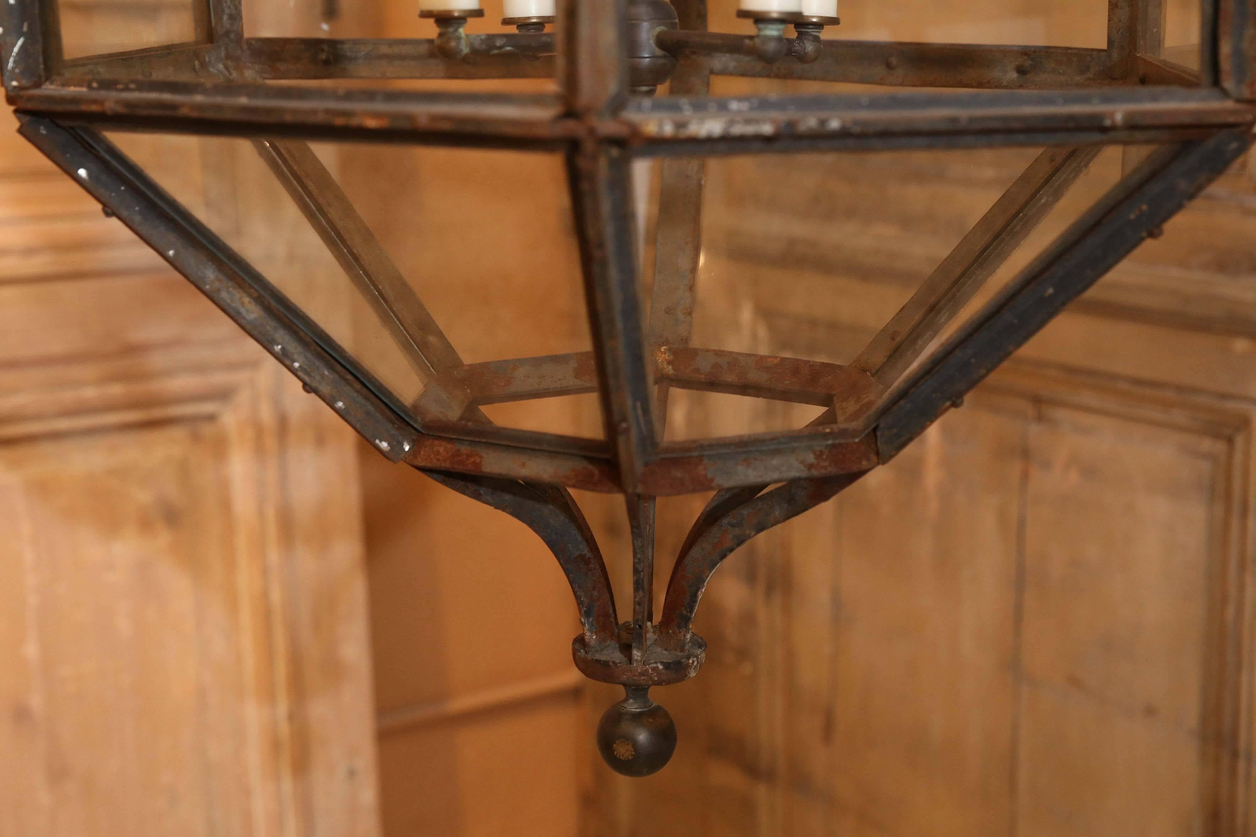 Large iron hexagonal lantern from France. Has been wired for the USA.