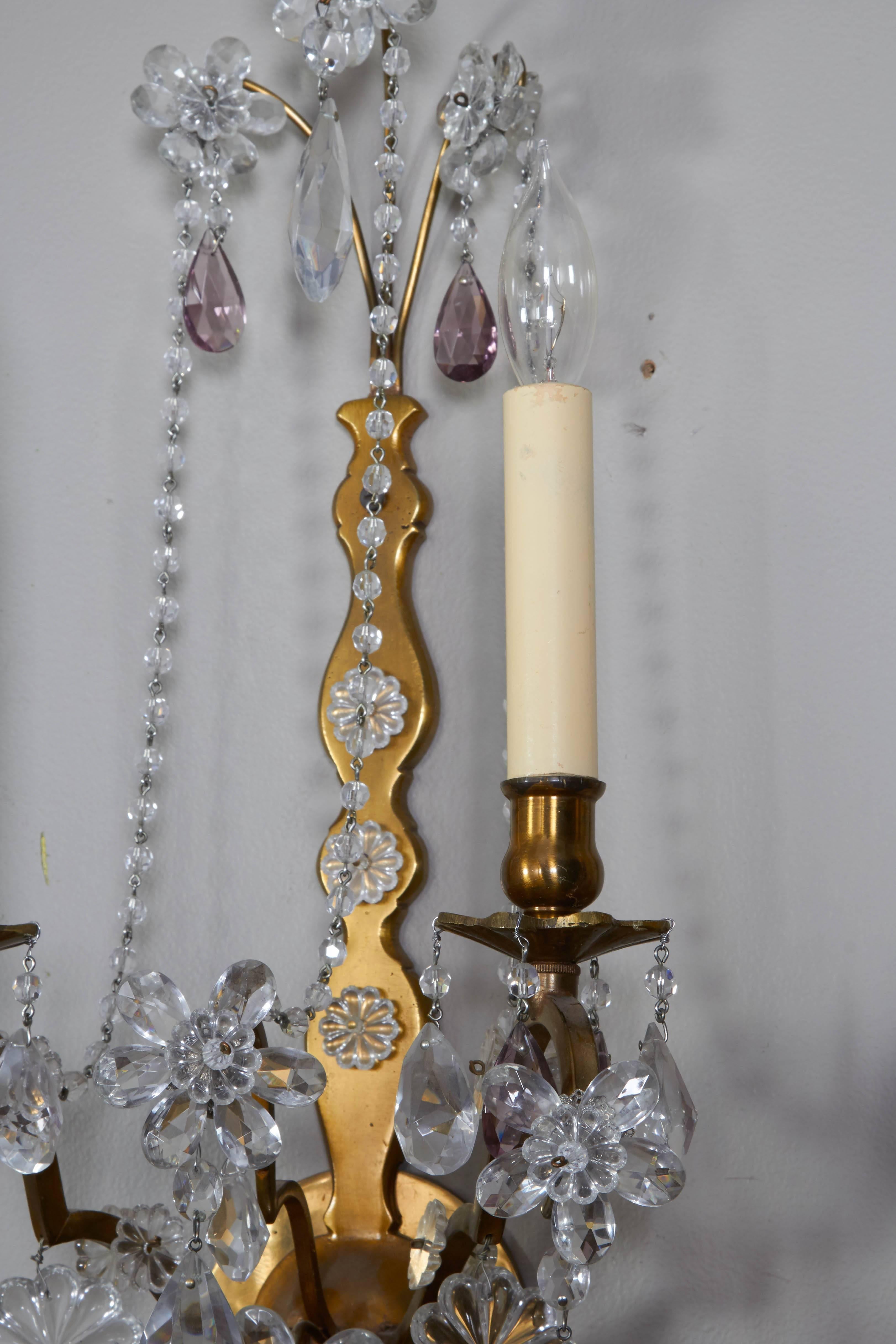 Neoclassical Style Metal Sconces with Crystal Florets In Good Condition In New York, NY