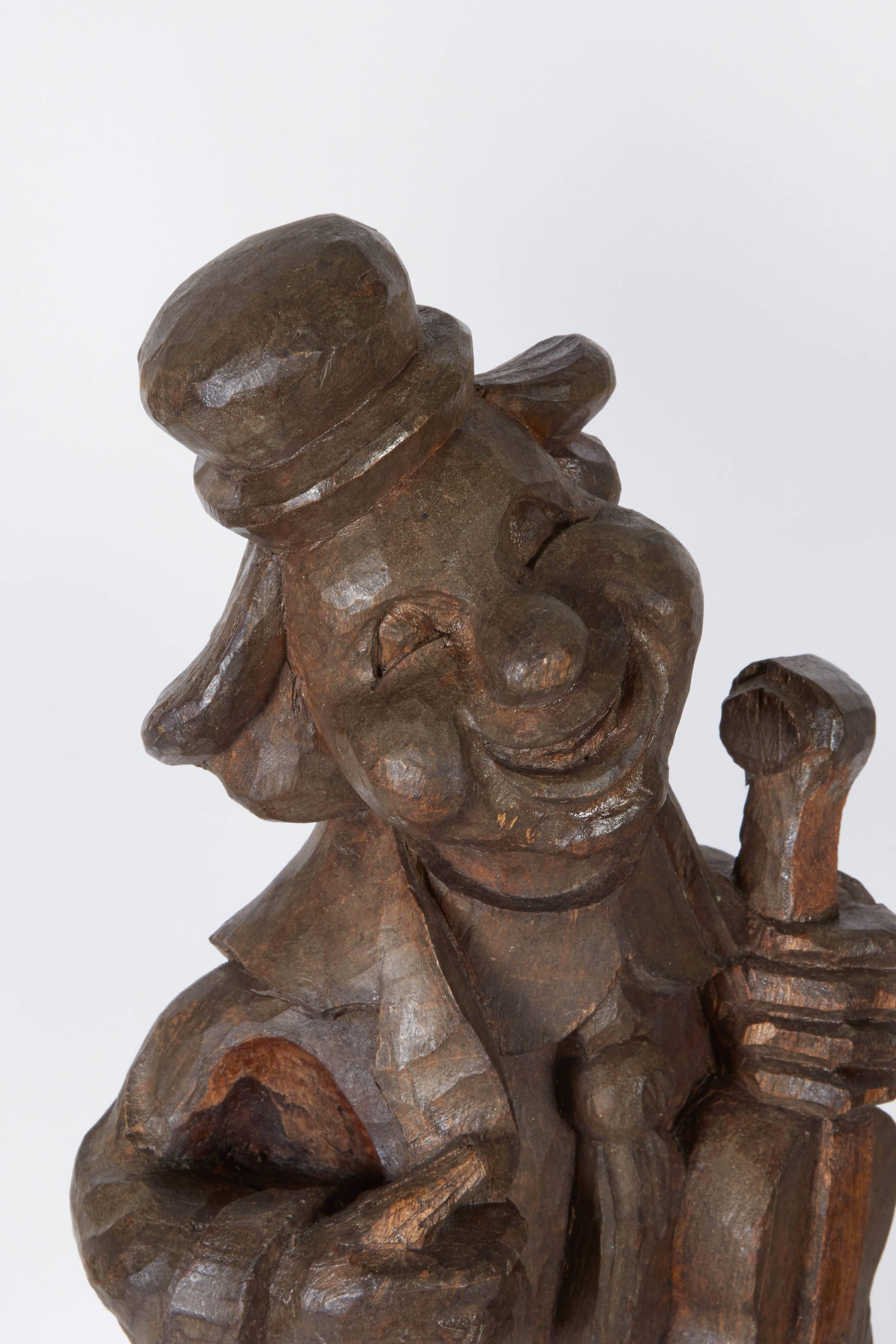 Pair of 1920s Solid Carved Wood Clown Figures 2