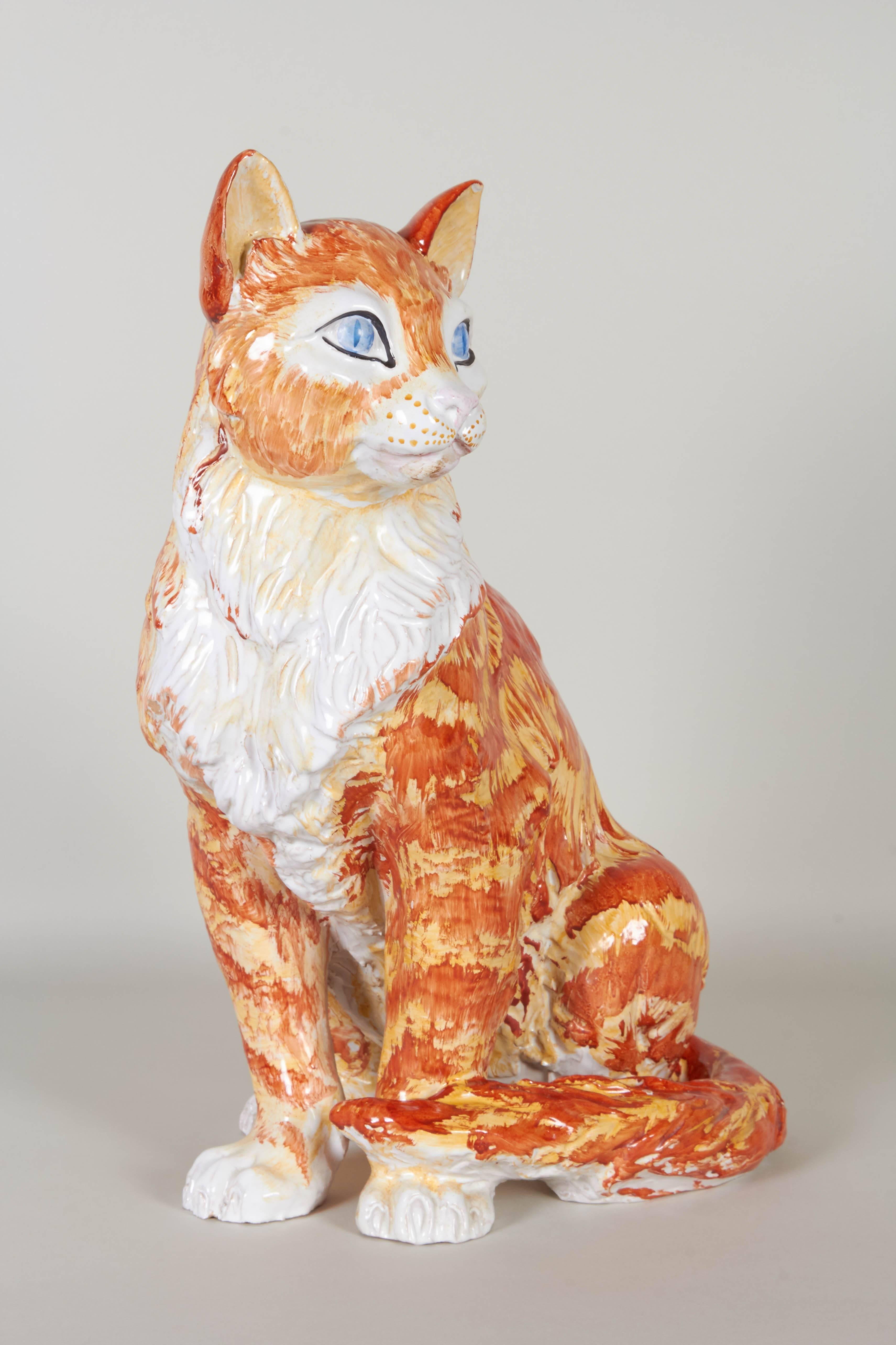 Glazed Italian 1970s Hand-Painted Ceramic Tabby Cat