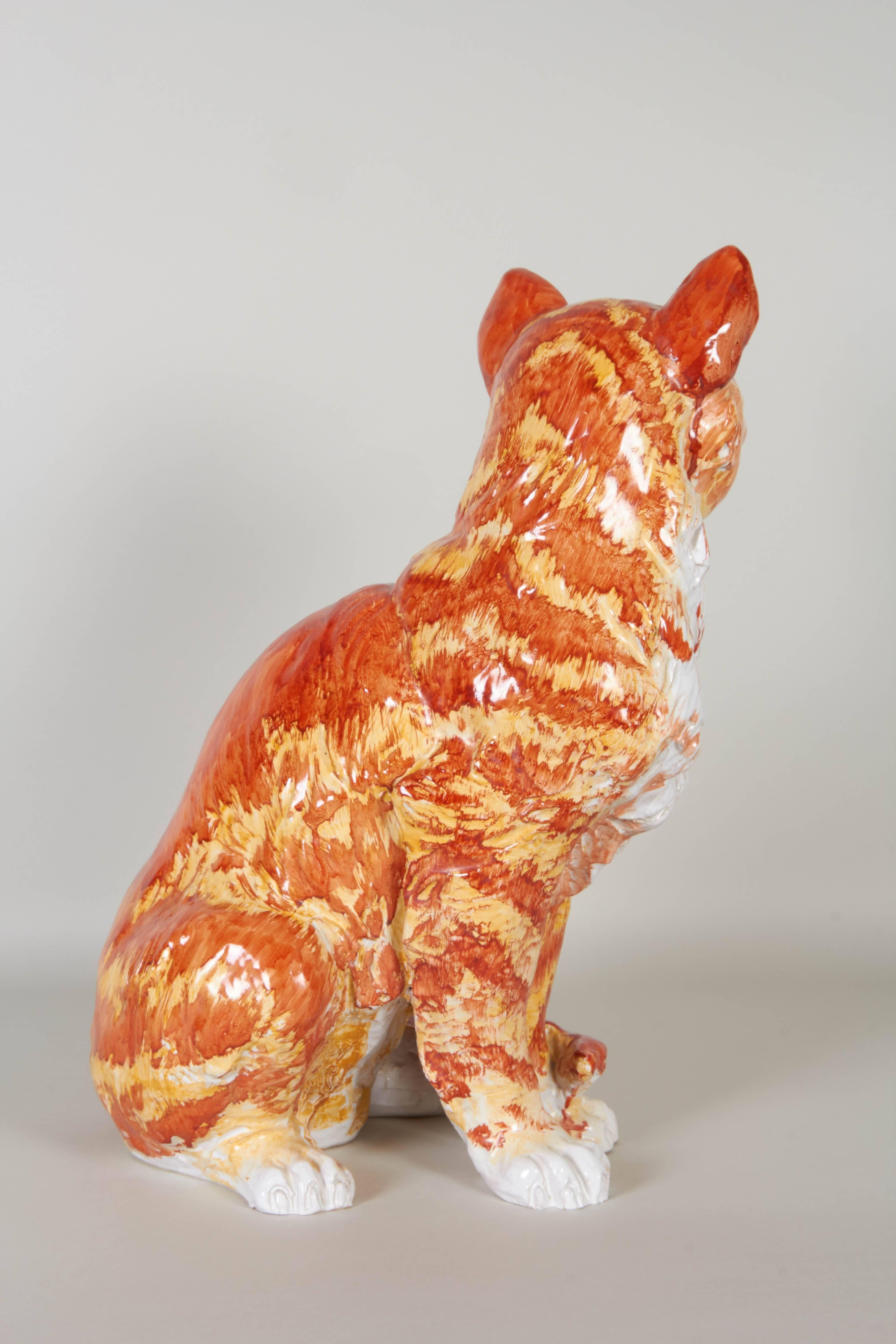 Italian 1970s Hand-Painted Ceramic Tabby Cat In Good Condition In New York, NY
