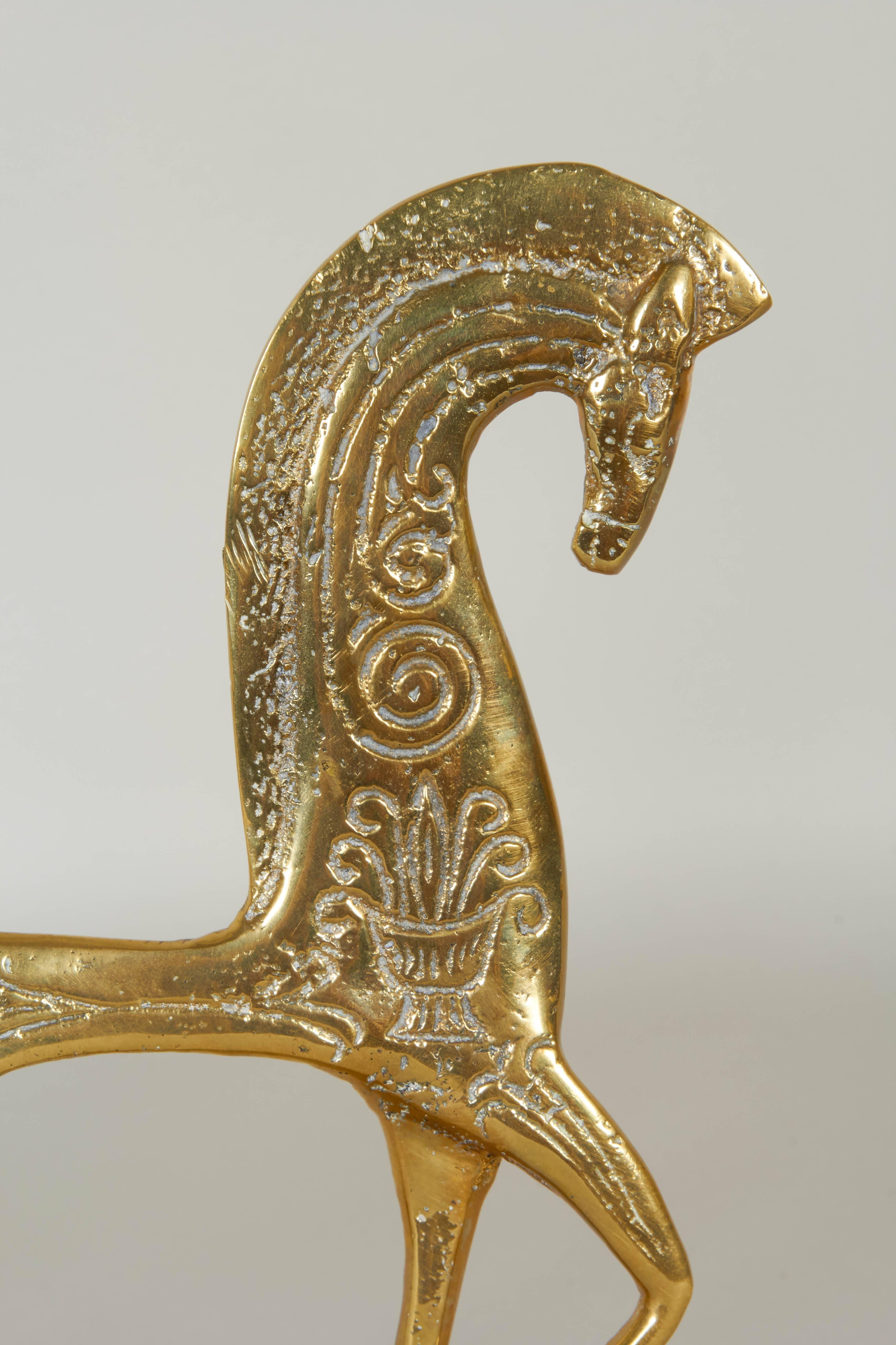 Gilt Pair of Frederick Weinberg Brass Etruscan Horses