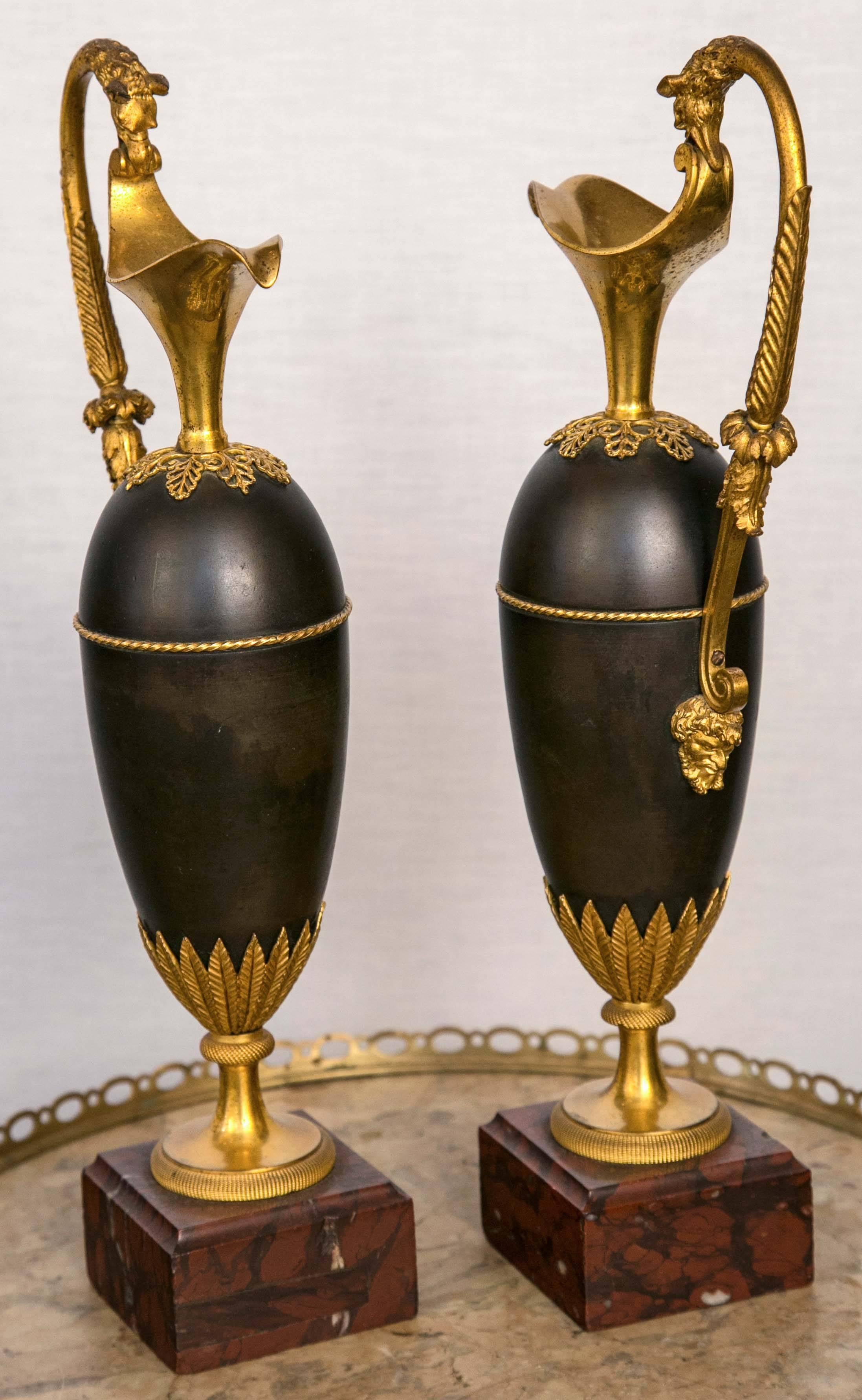 French Pair of Period Empire Patinated and Gilt Bronze Ewers