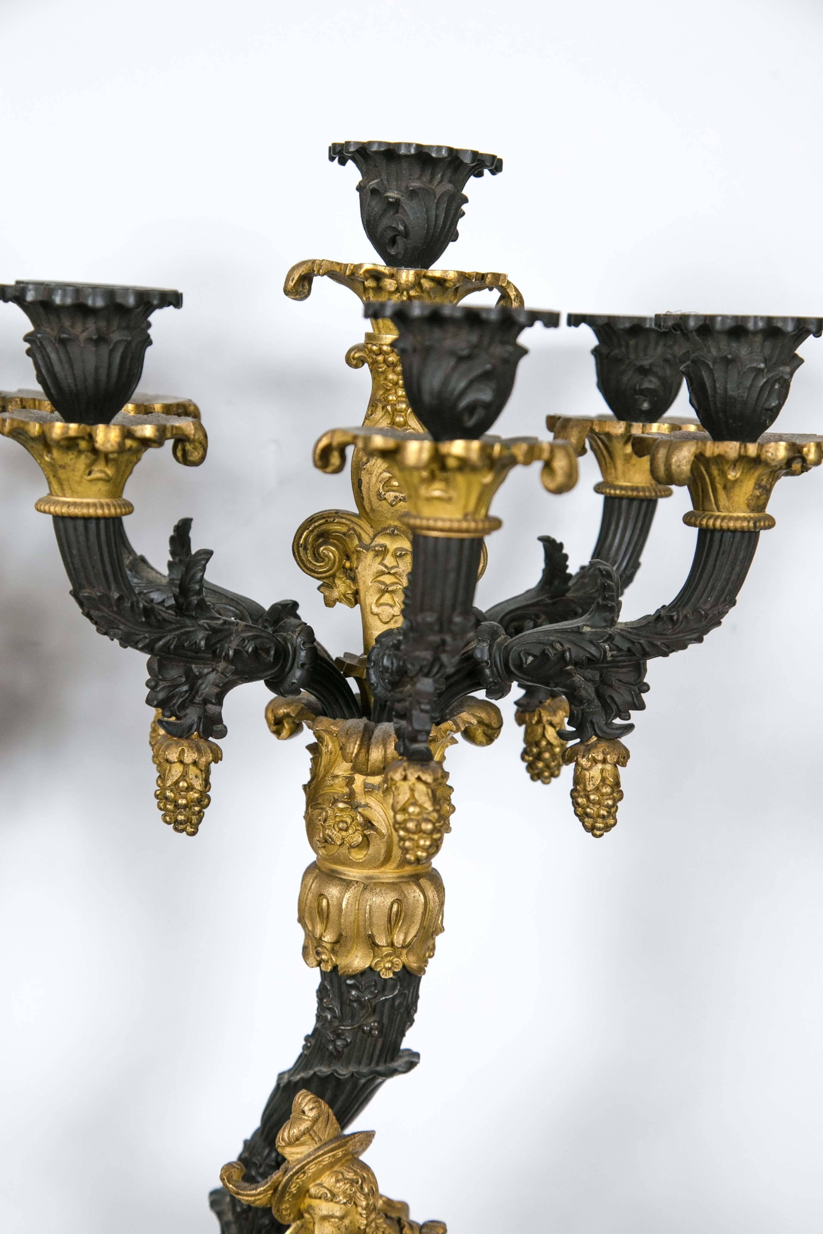 Fine Pair of Gilt and Patinated Bronze Candelabra In Good Condition For Sale In Woodbury, CT