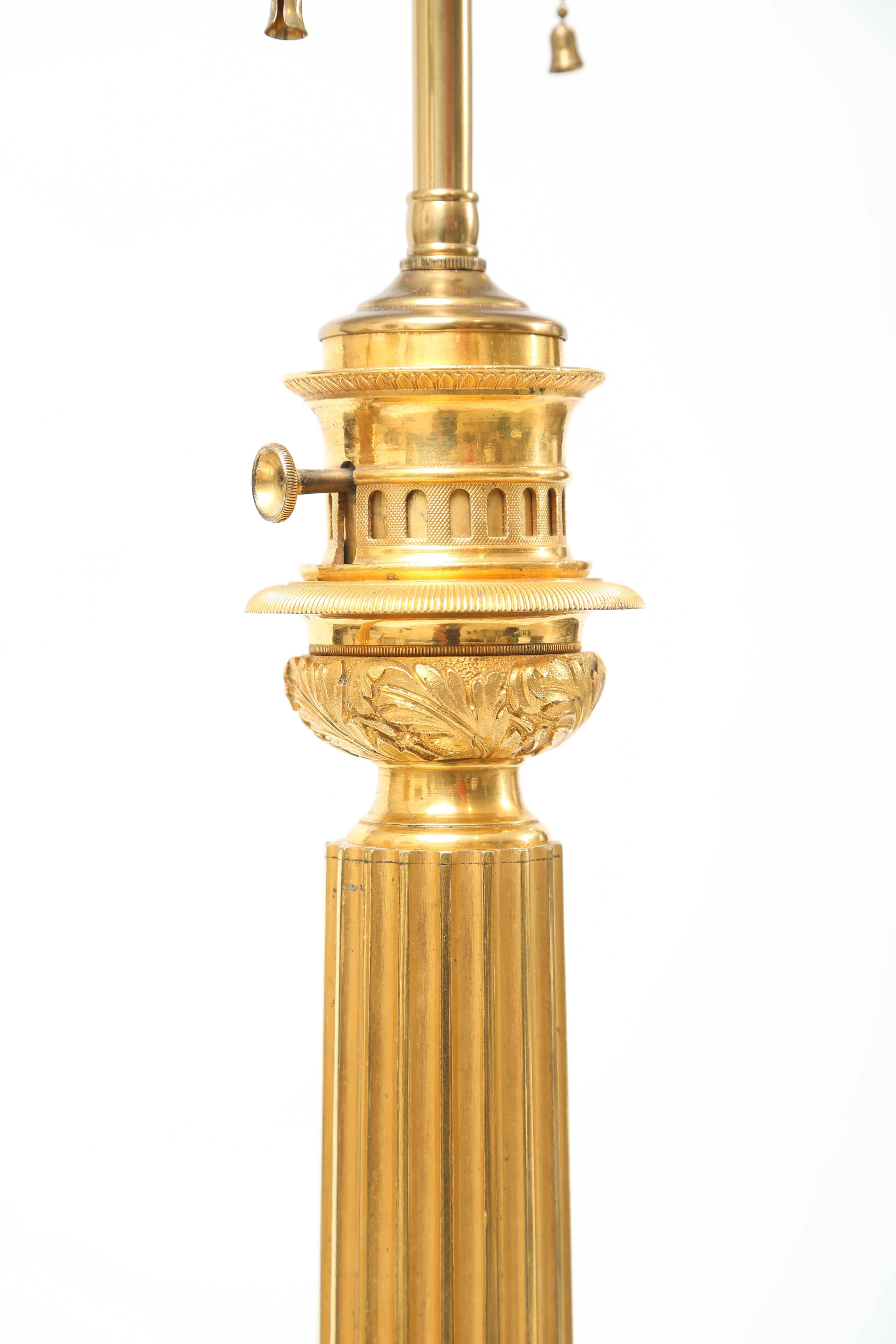 Pair of 19th Century Chevalier Brevete Gilt Bronze Column Form Table Lamps In Good Condition In West Palm Beach, FL