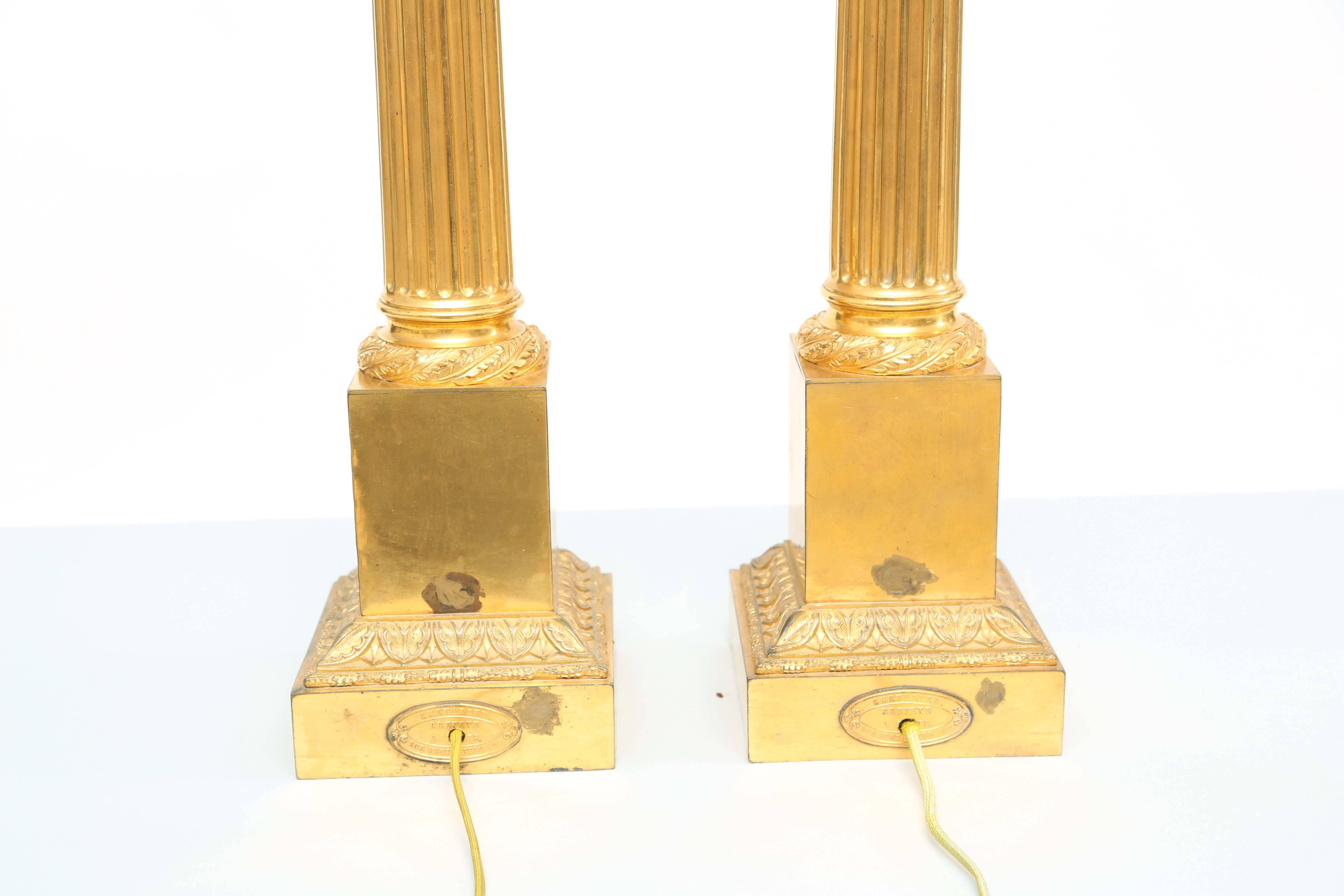 Pair of 19th Century Chevalier Brevete Gilt Bronze Column Form Table Lamps 1