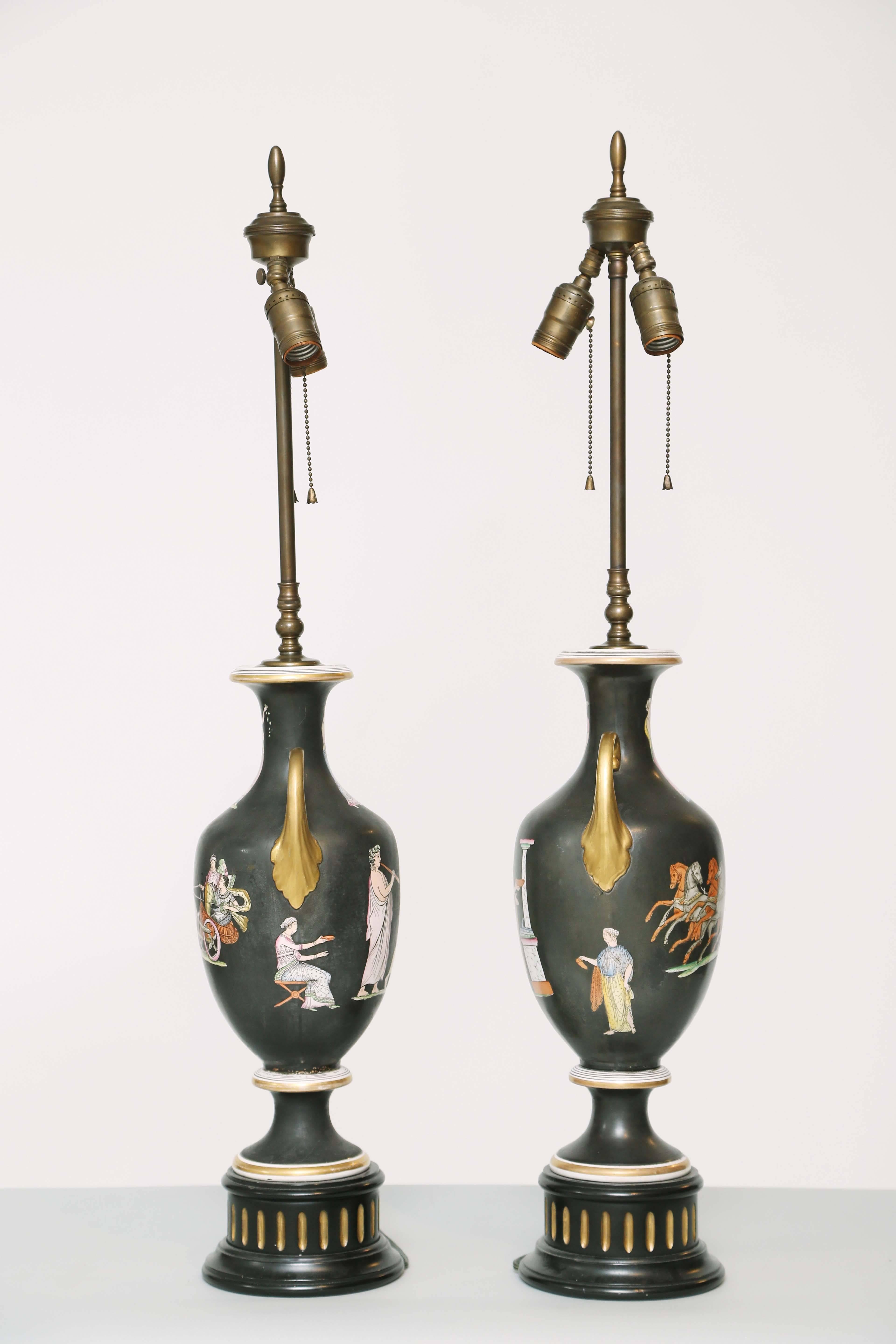 British Pair of Staffordshire Classical Urn-Form Lamps For Sale