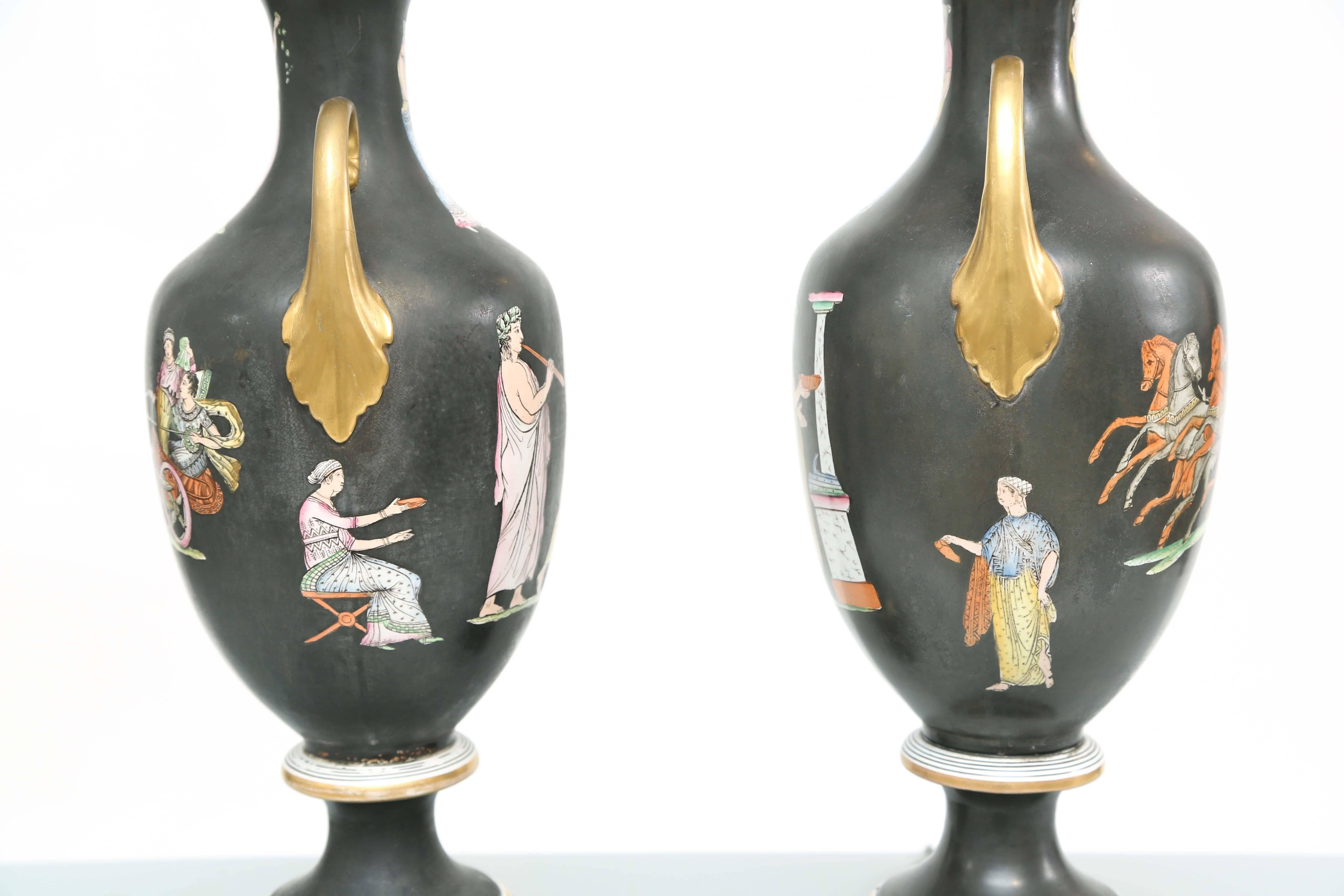 Polychromed Pair of Staffordshire Classical Urn-Form Lamps For Sale