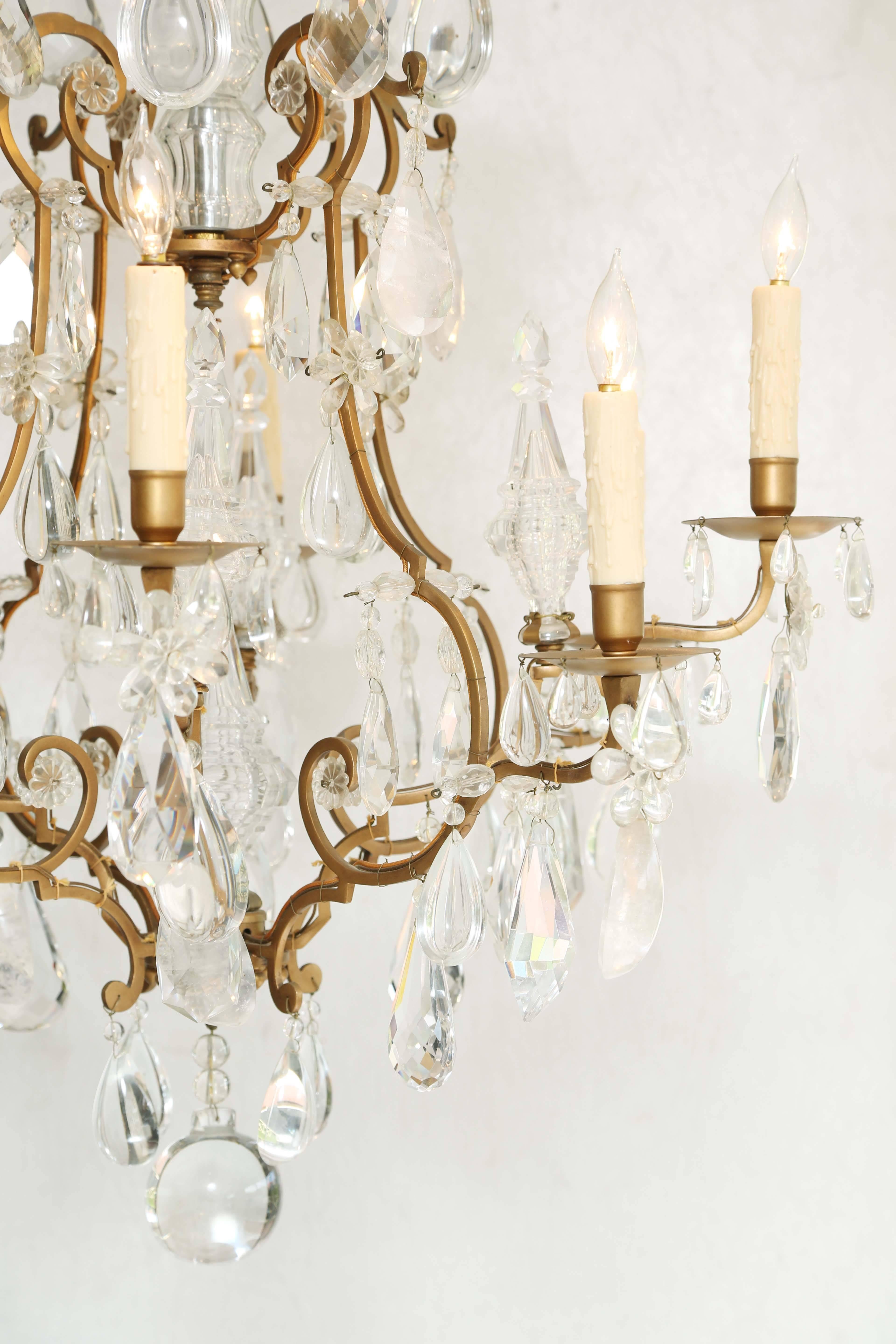 Gilt Chandelier of Bronze with Rock Crystal Accents