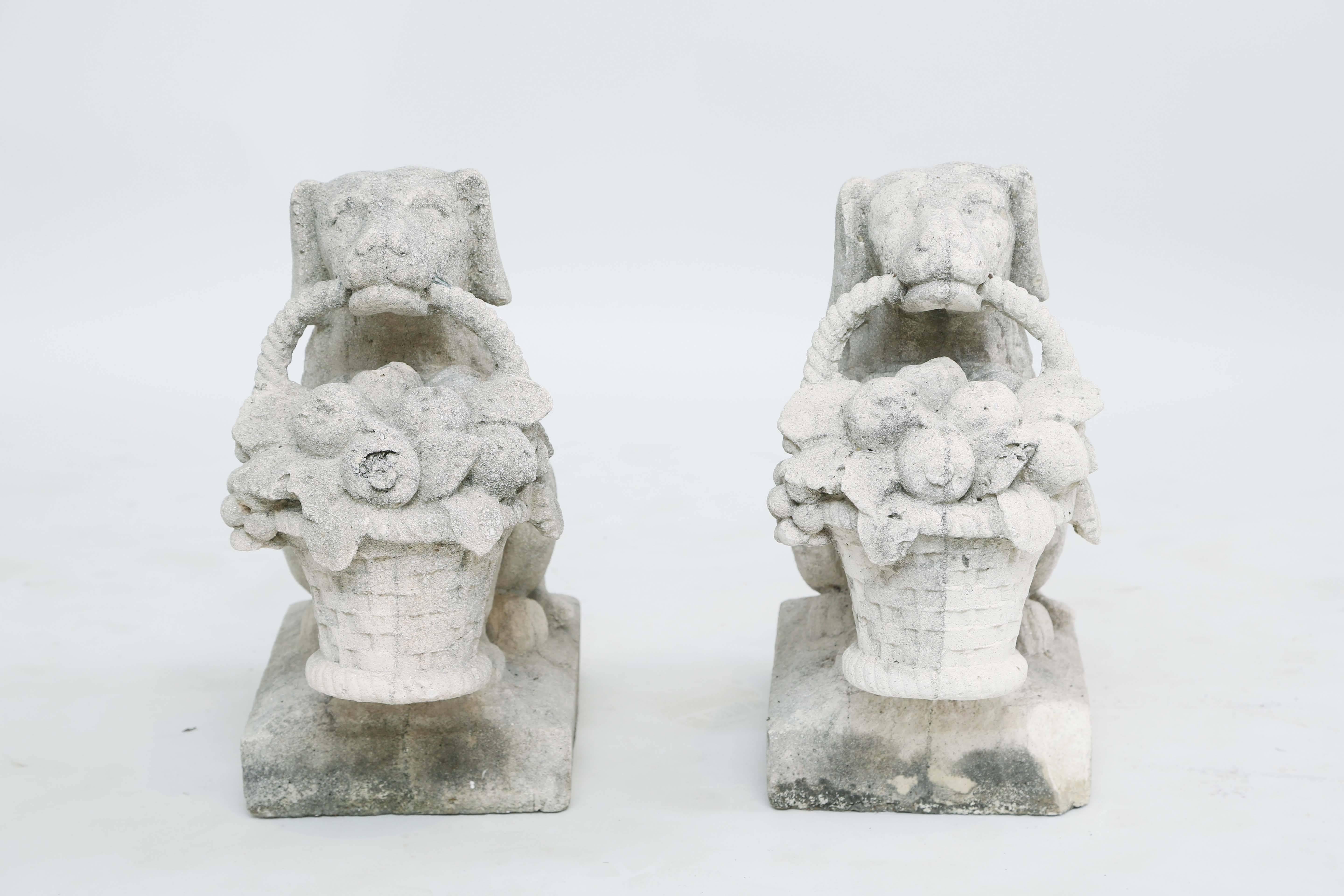 Pair of cast and carved shellstone dogs, each holding a basket of flowers from their teeth.

Stock ID: D2661