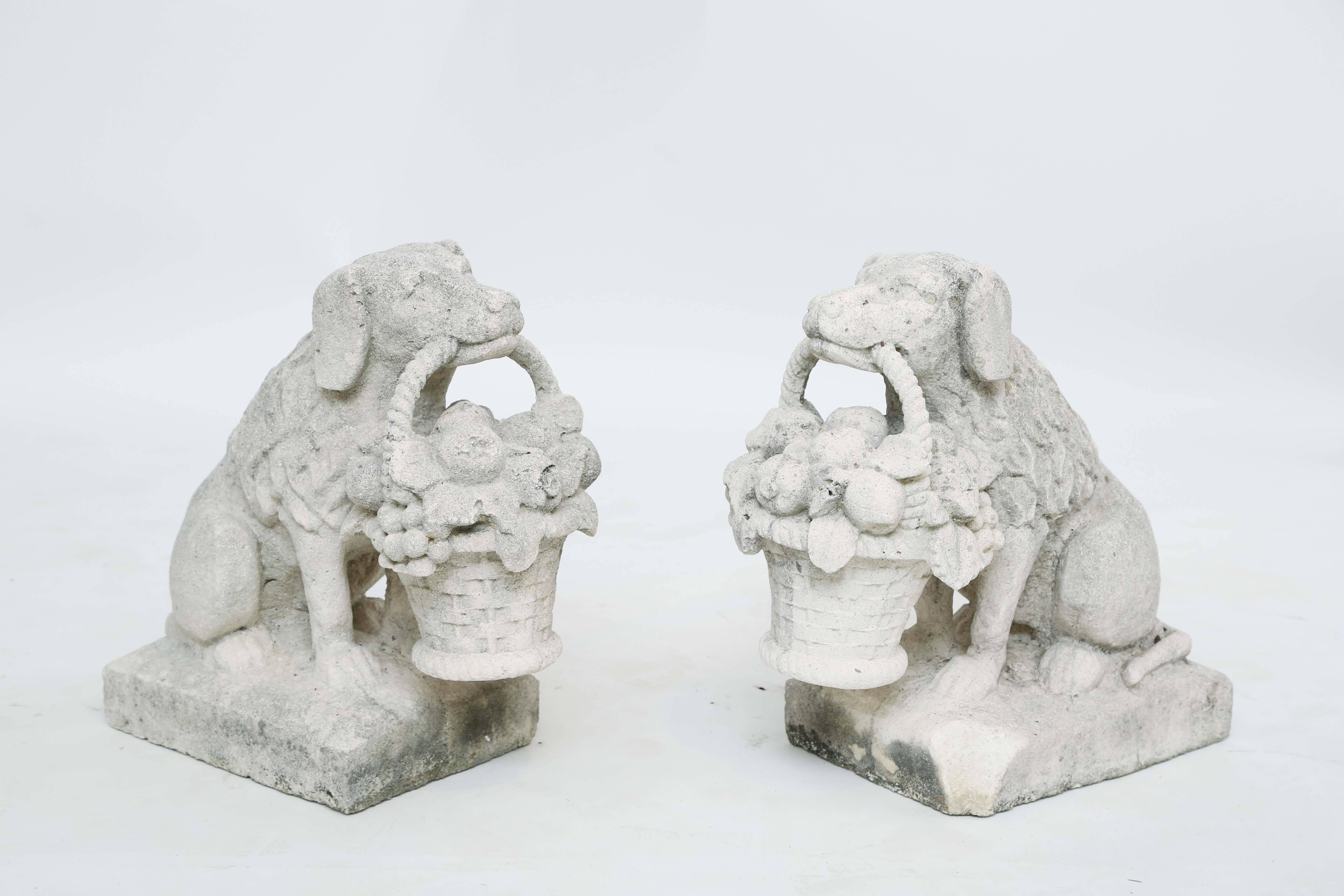 Cast Pair of Carved Shellstone Dog Garden Ornaments