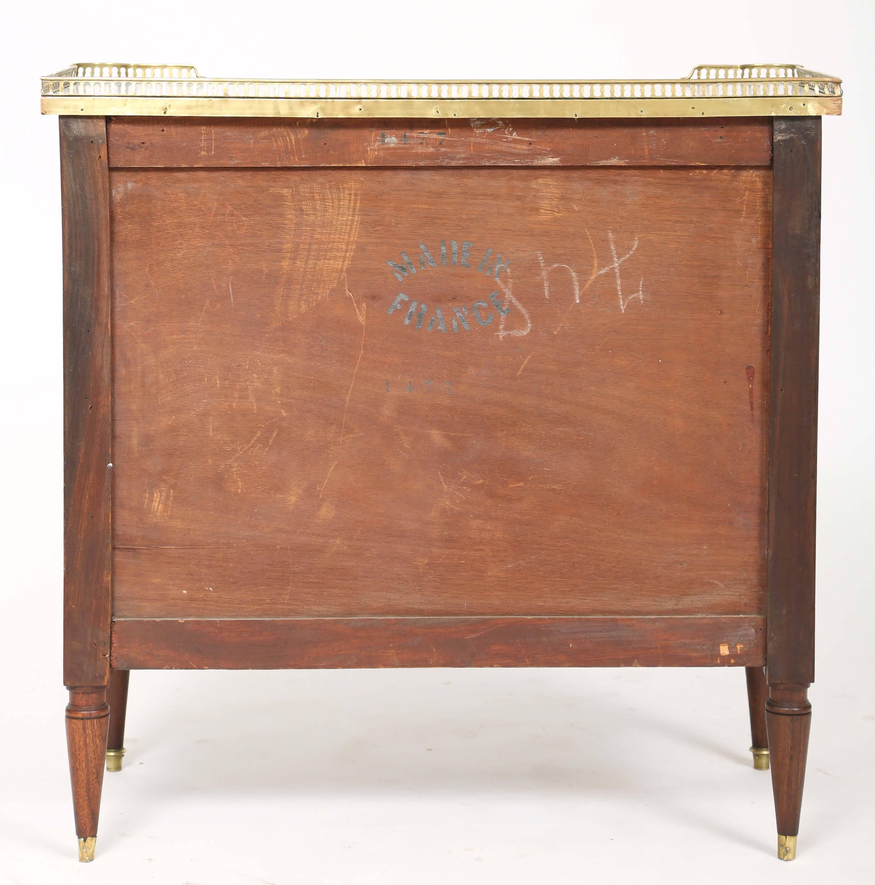 Louis XVI Style Mahogany Commode with White Marble Top and Pierced Gallery 1