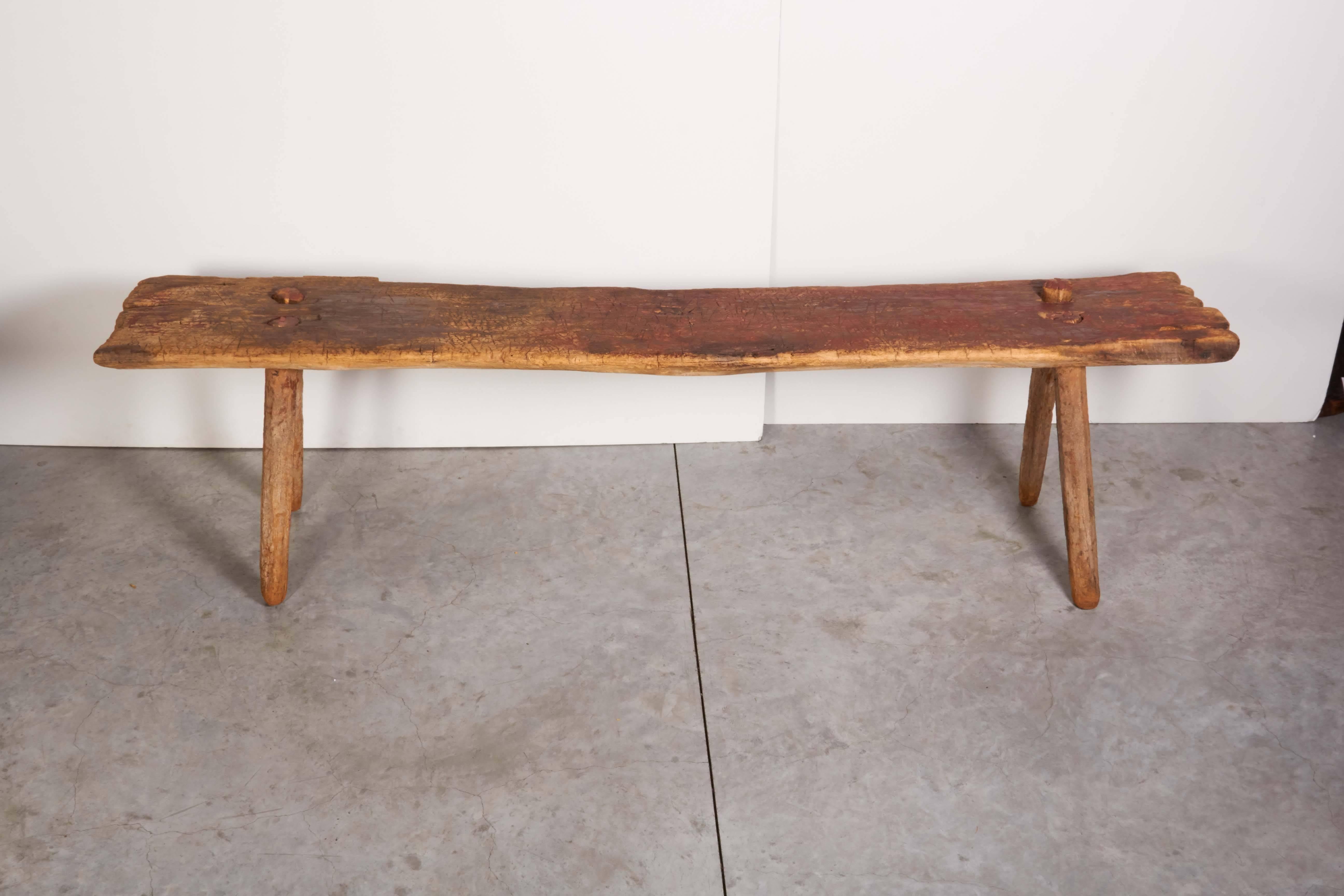 Rustic Primitive Bench with Faded Red Paint In Good Condition In New York, NY
