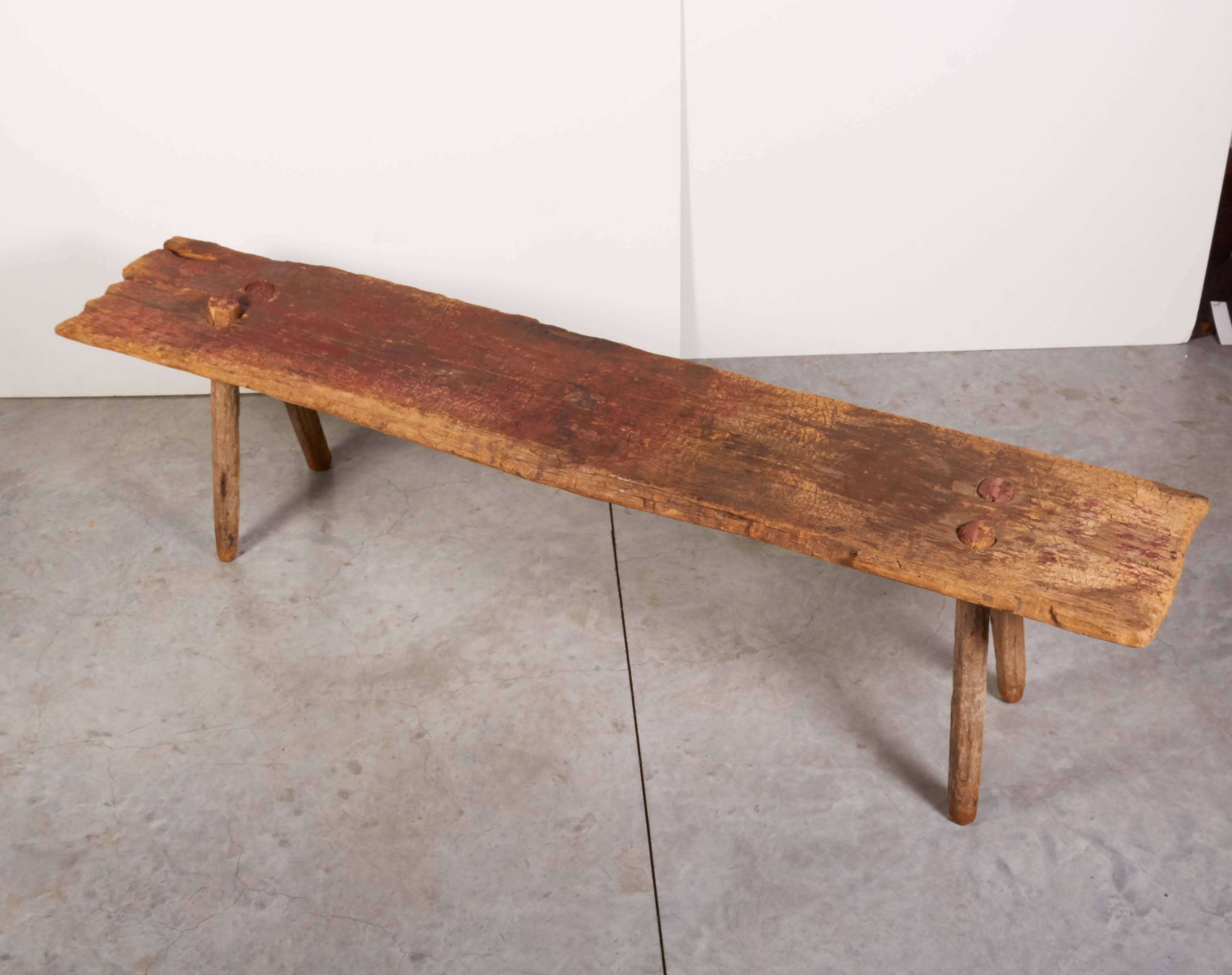 20th Century Rustic Primitive Bench with Faded Red Paint