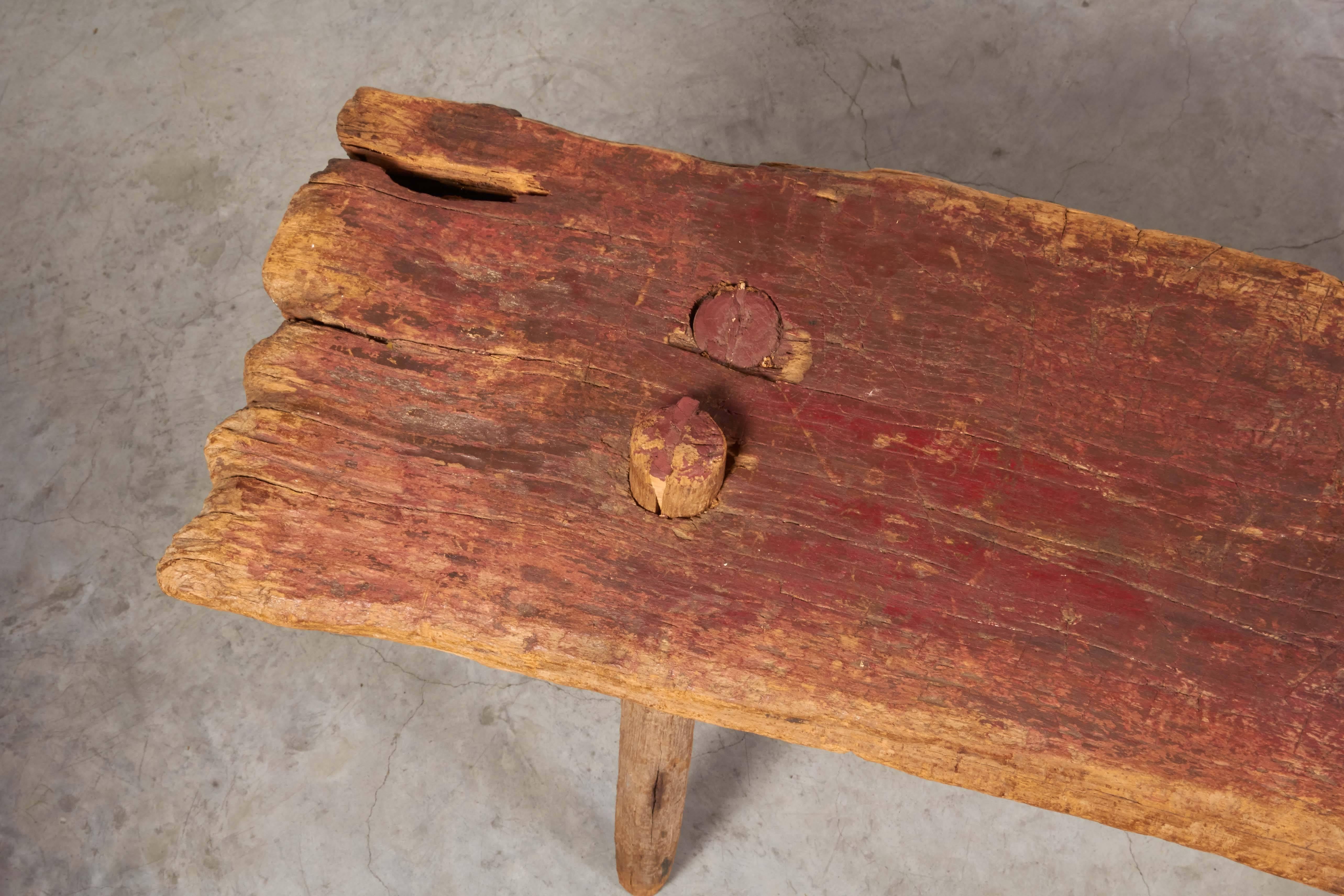 Wood Rustic Primitive Bench with Faded Red Paint