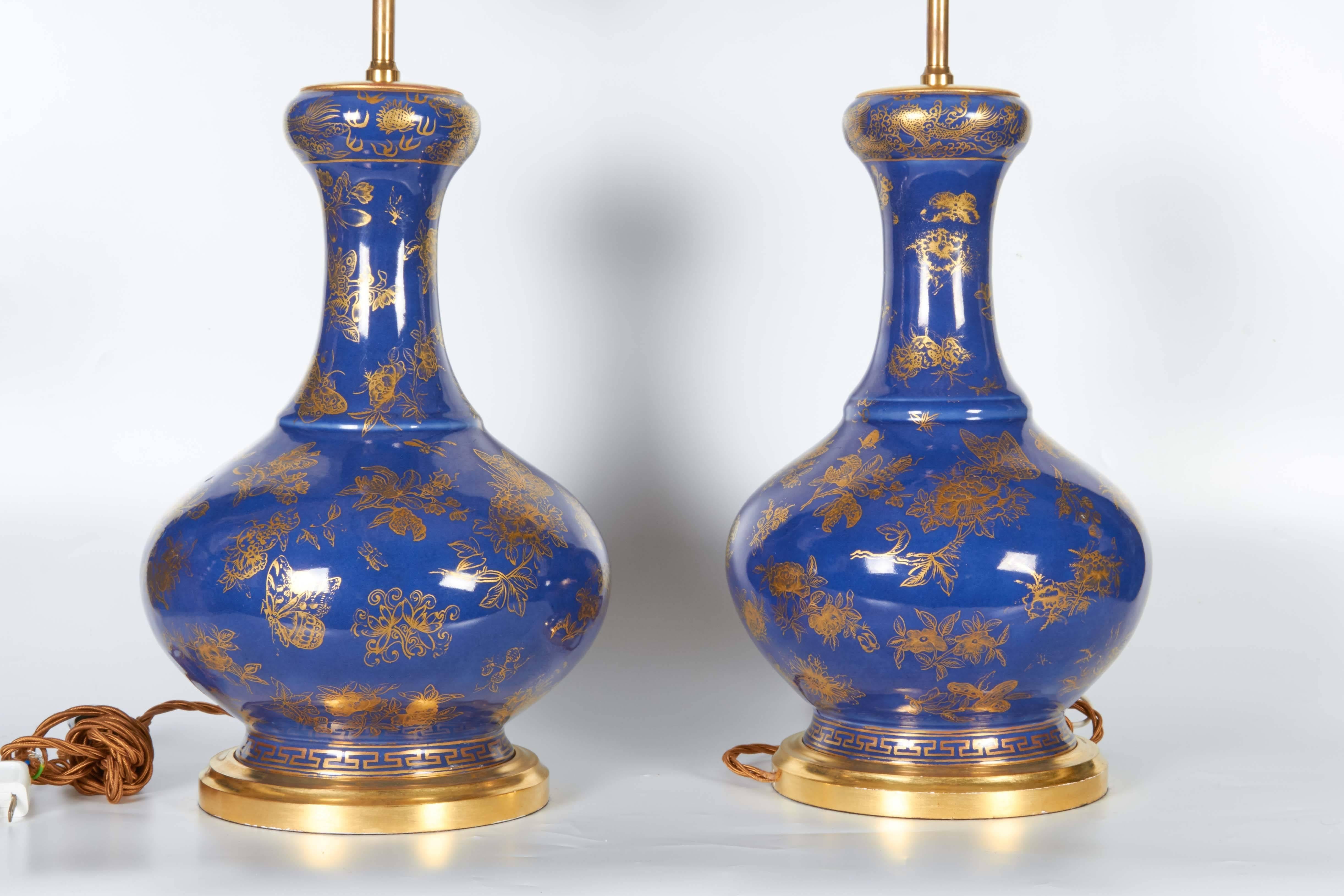 Mid-19th Century Pair of Chinese Blue Poudre Porcelain and Gilt Decorated Lamps