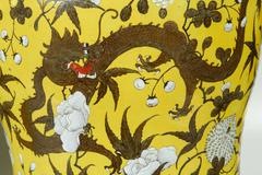 Large Pair of Chinese Famille Jaune Covered Jars with Painted Dragons