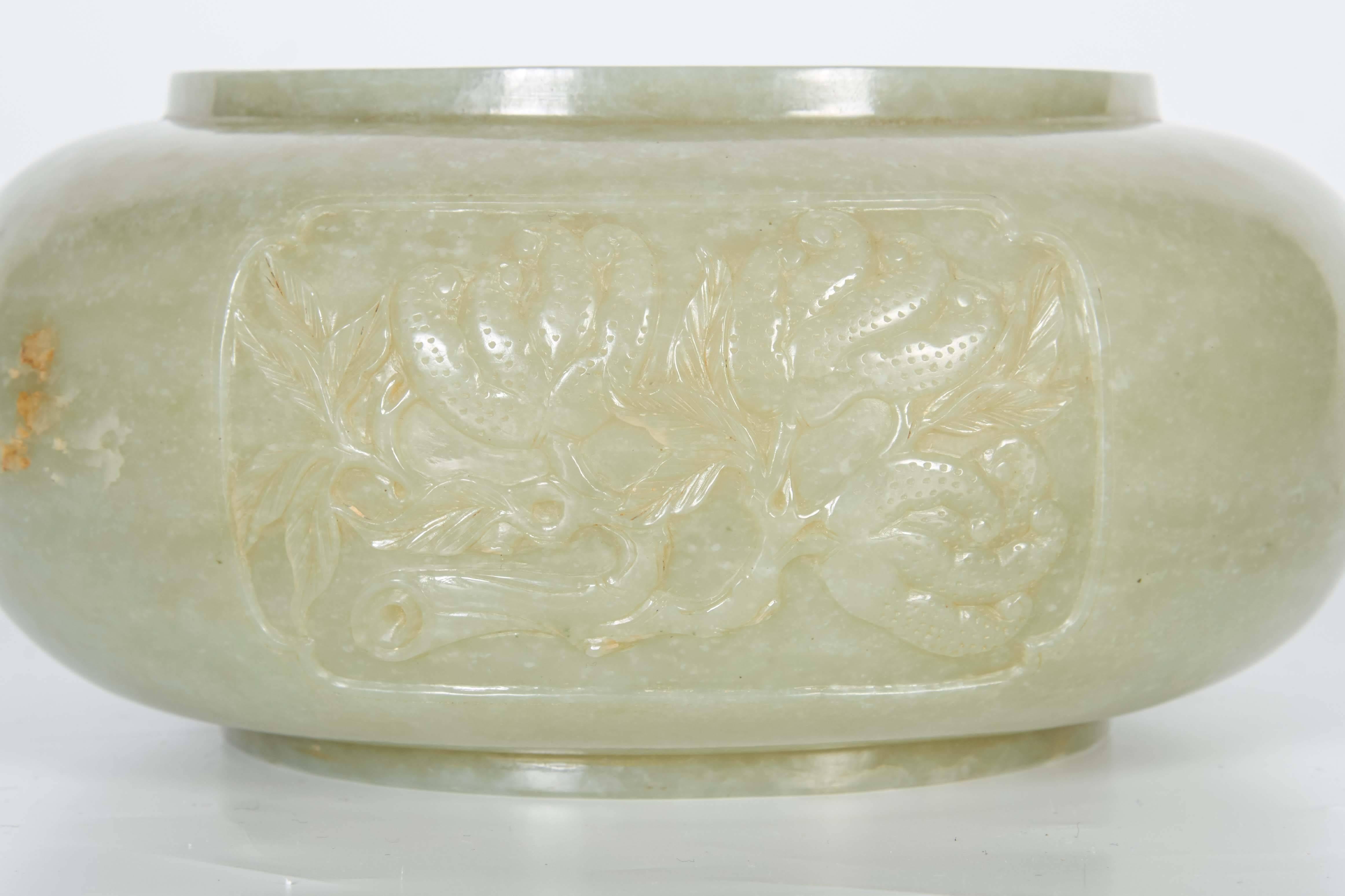 Early 19th Century Rare Chinese Alms Jade Globular Shape Bowl with Relief Panels of Fruit For Sale