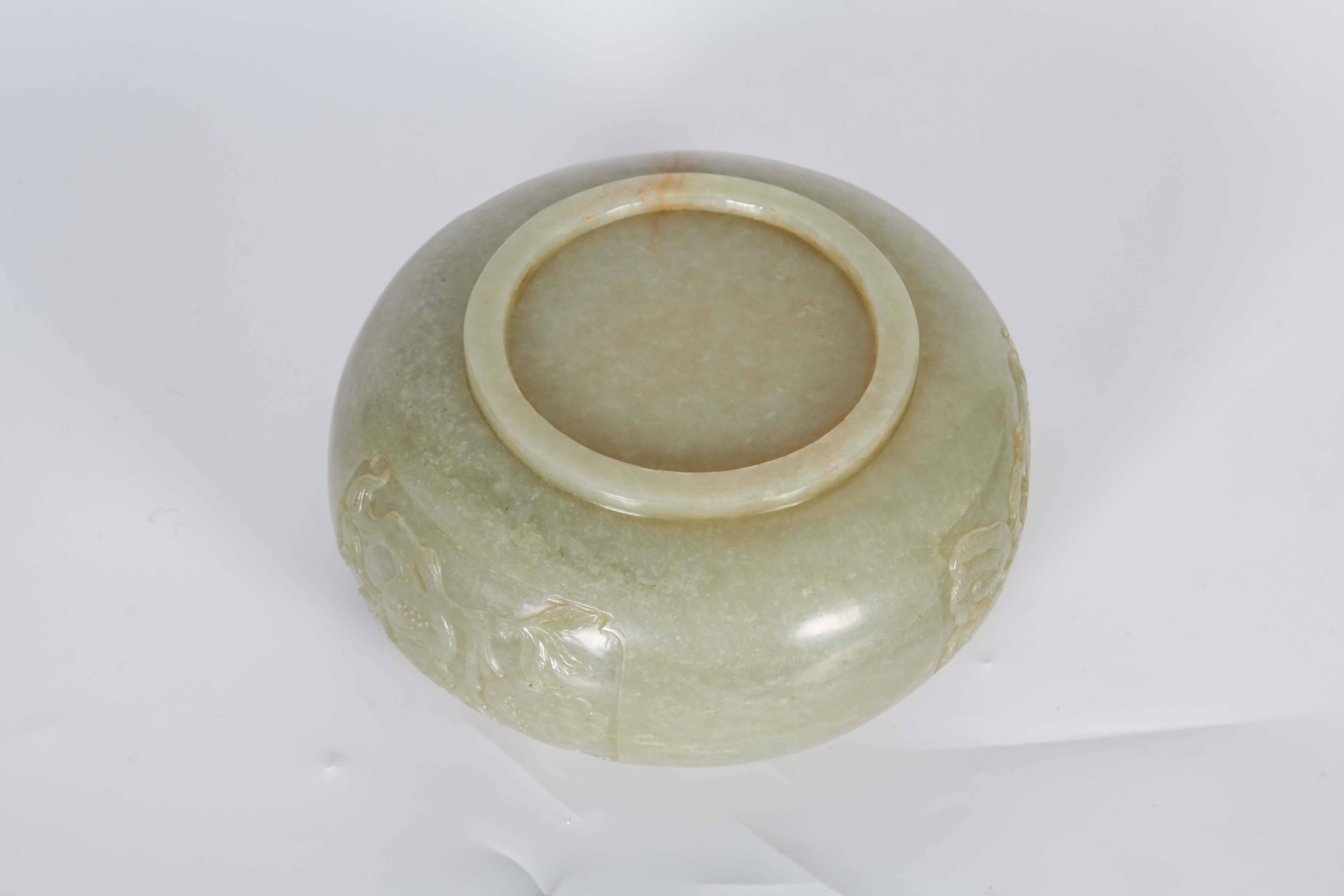 Rare Chinese Alms Jade Globular Shape Bowl with Relief Panels of Fruit For Sale 1
