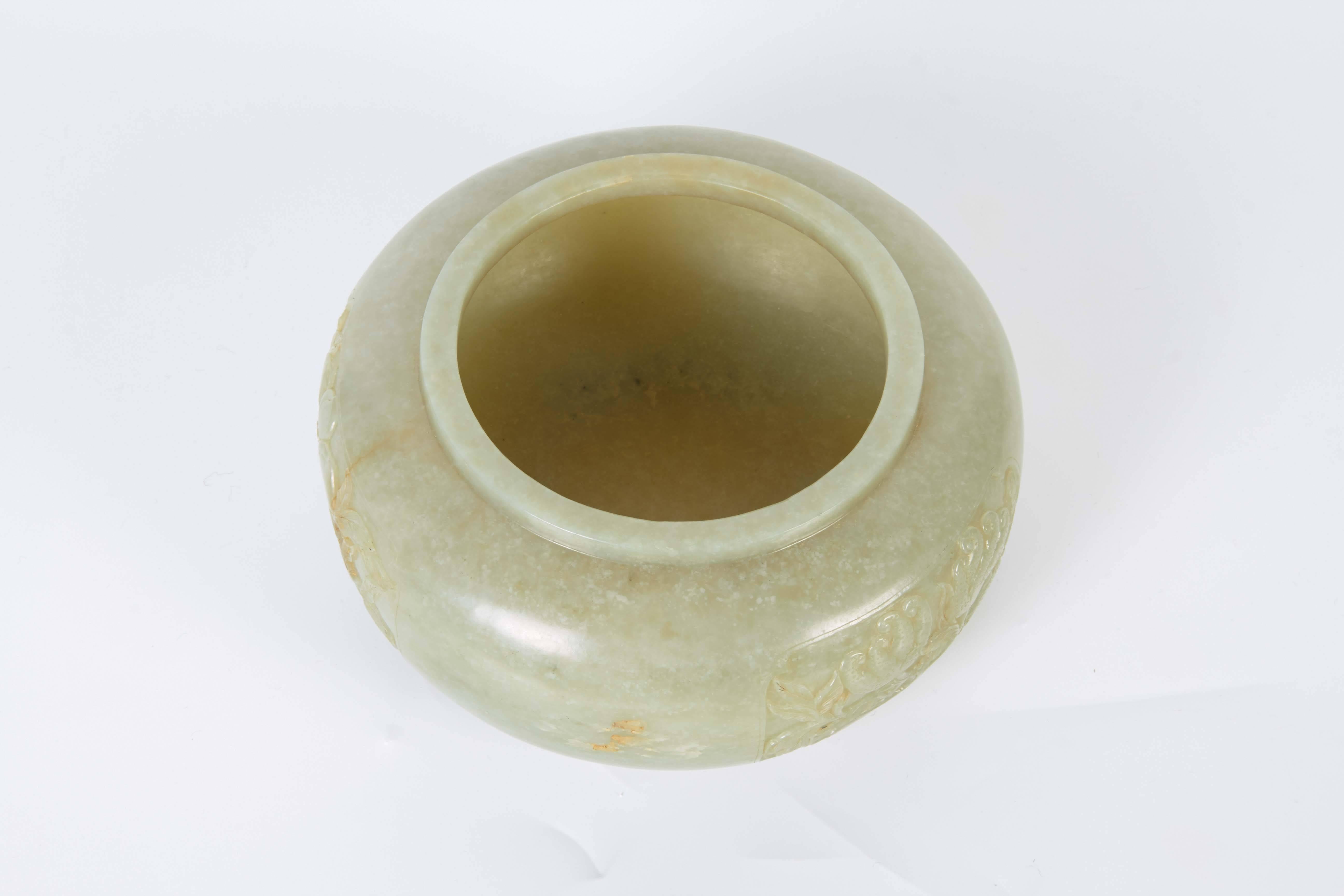 Rare Chinese Alms Jade Globular Shape Bowl with Relief Panels of Fruit For Sale 3
